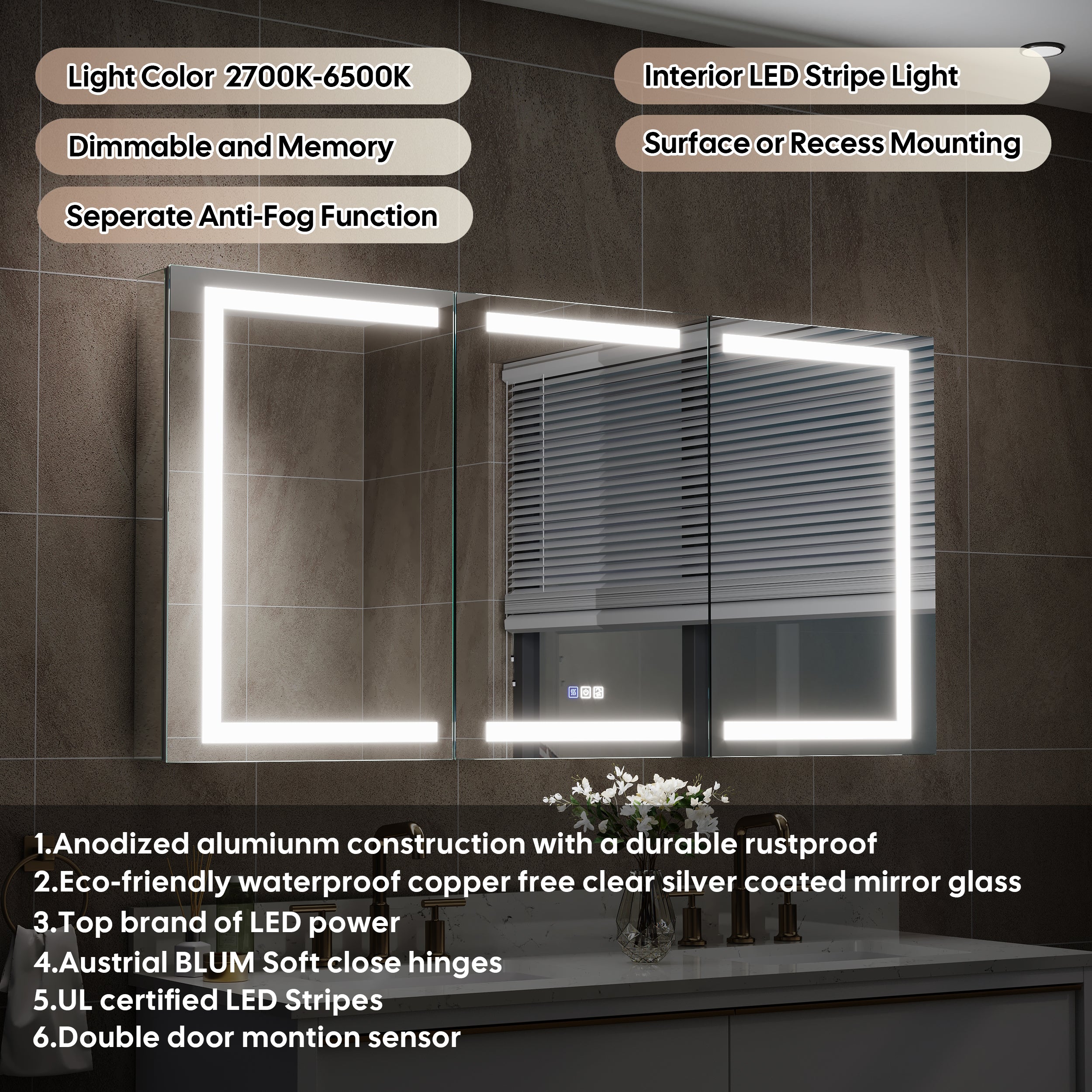 60 in. x 30 in. LED Lighted Aluminum Bathroom Medicine Cabinet with Anti-Fog, Dimmable Lighting, Outlet, Surface or Recessed Mount