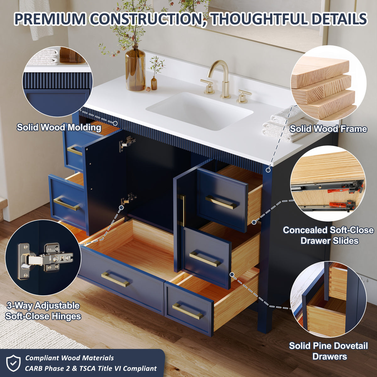 48 Inch Freestanding Solid Wood Bathroom Vanity with Fluted Molding, Pure White Quartz Countertop, Navy Blue