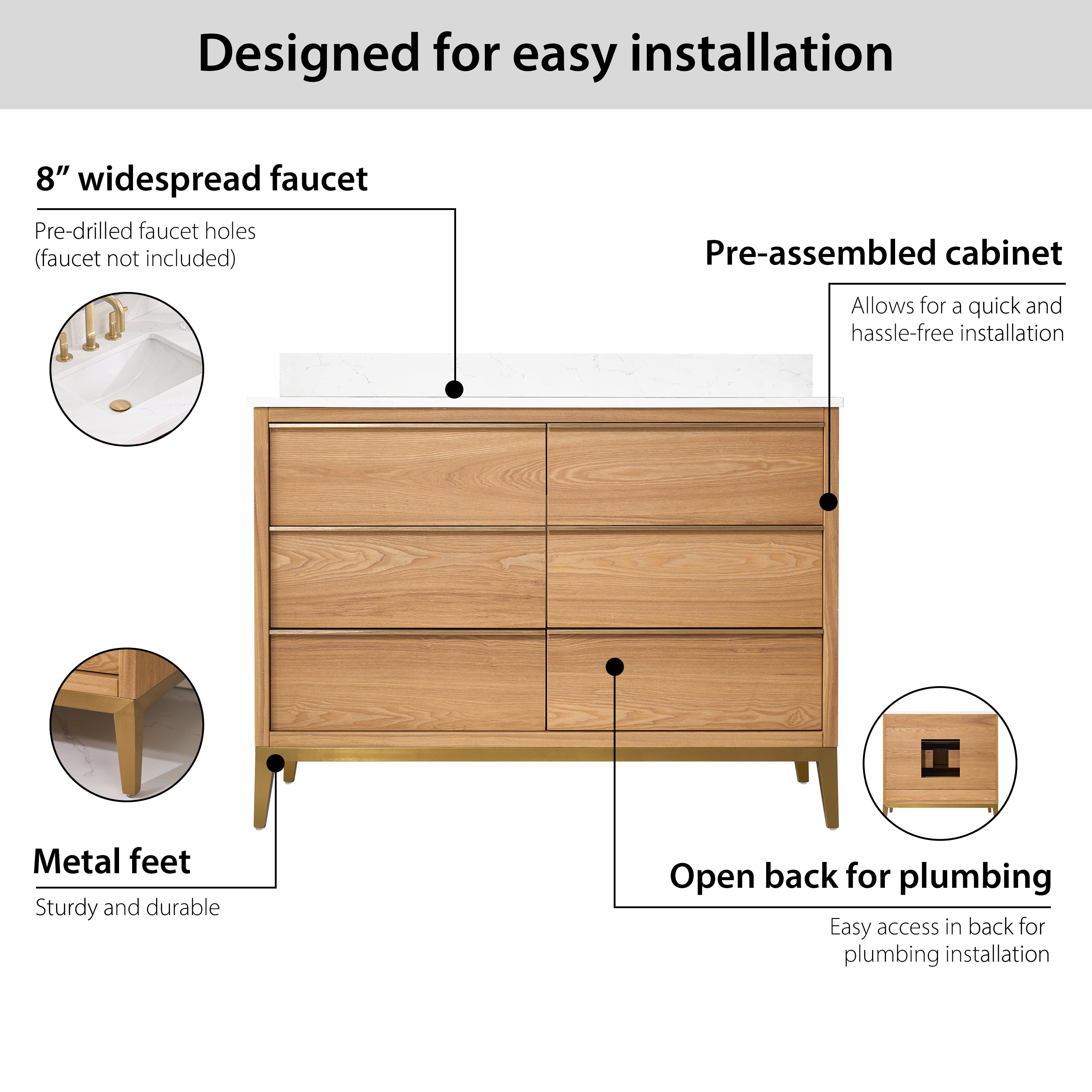 48 in. Bathroom Vanity in Light Oak with Carrara White Quartz Vanity Top