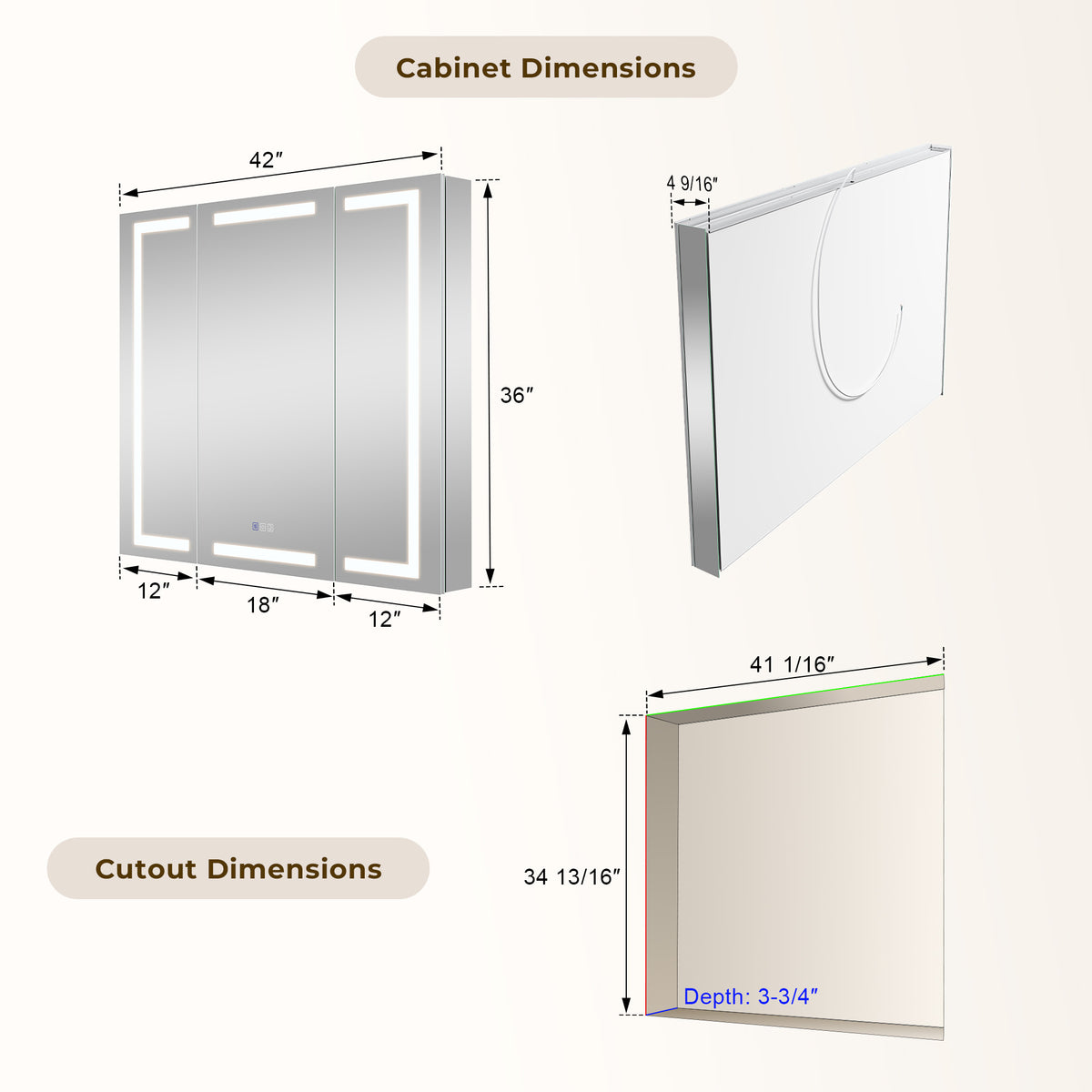 42 in. x 36 in. Aluminum LED Bathroom Medicine Cabinet with Anti-Fog, Dimmable Lighting, Outlet, Surface or Recessed Mount