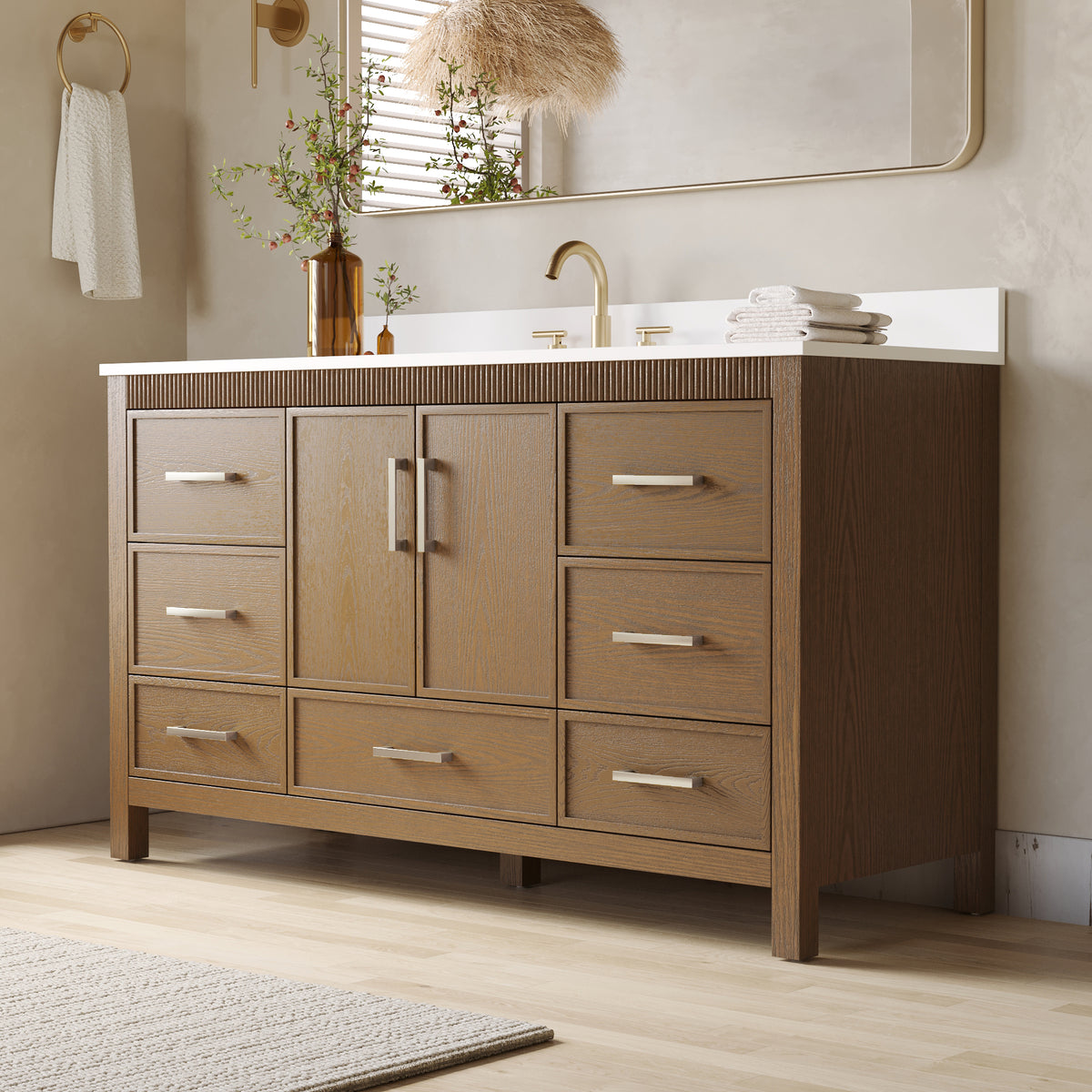 60 Inch Freestanding Solid Wood Bathroom Vanity with Pure White Quartz Countertop, 2 Soft-Close Doors & 7 Dovetail Drawers, Walnut
