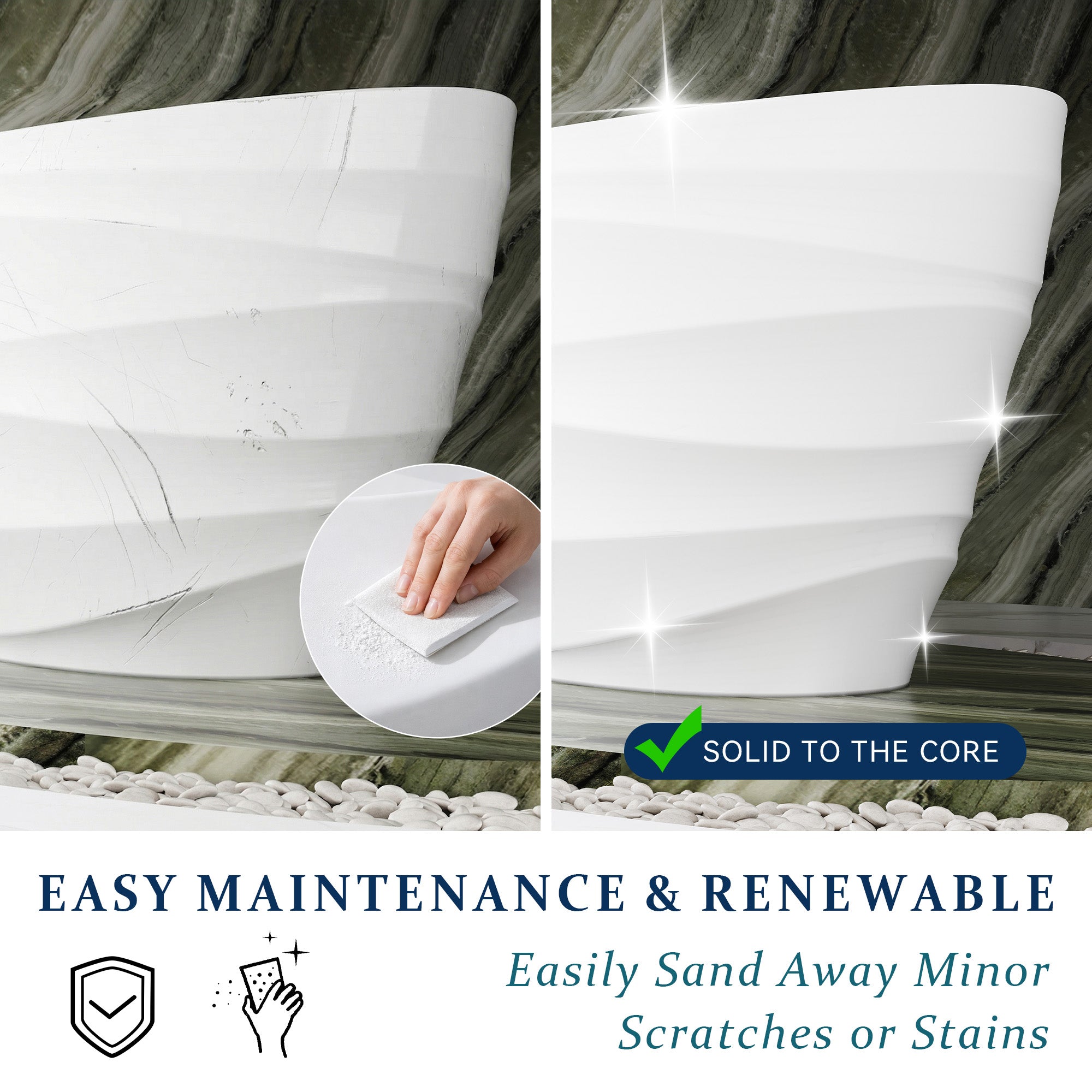 62" Freestanding Bathtub with Unique Ripple Texture, Modern Solid surface Soaking Tub with Overflow & Drain, Matte White