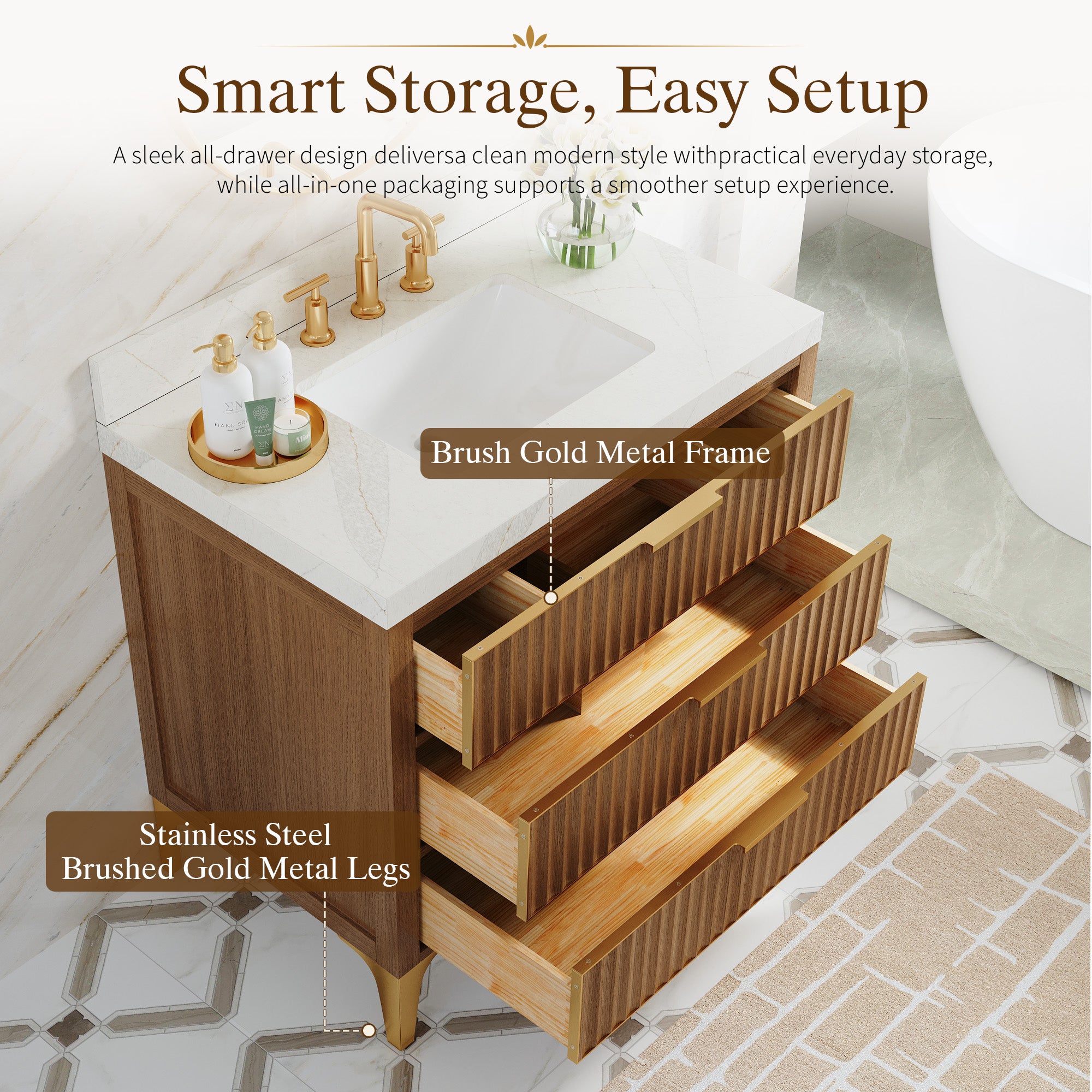 36 Inch Luxury Solid Oak Bathroom Vanity with Calacatta Quartz Countertop & Brushed Gold Stainless Steel Trim and Legs