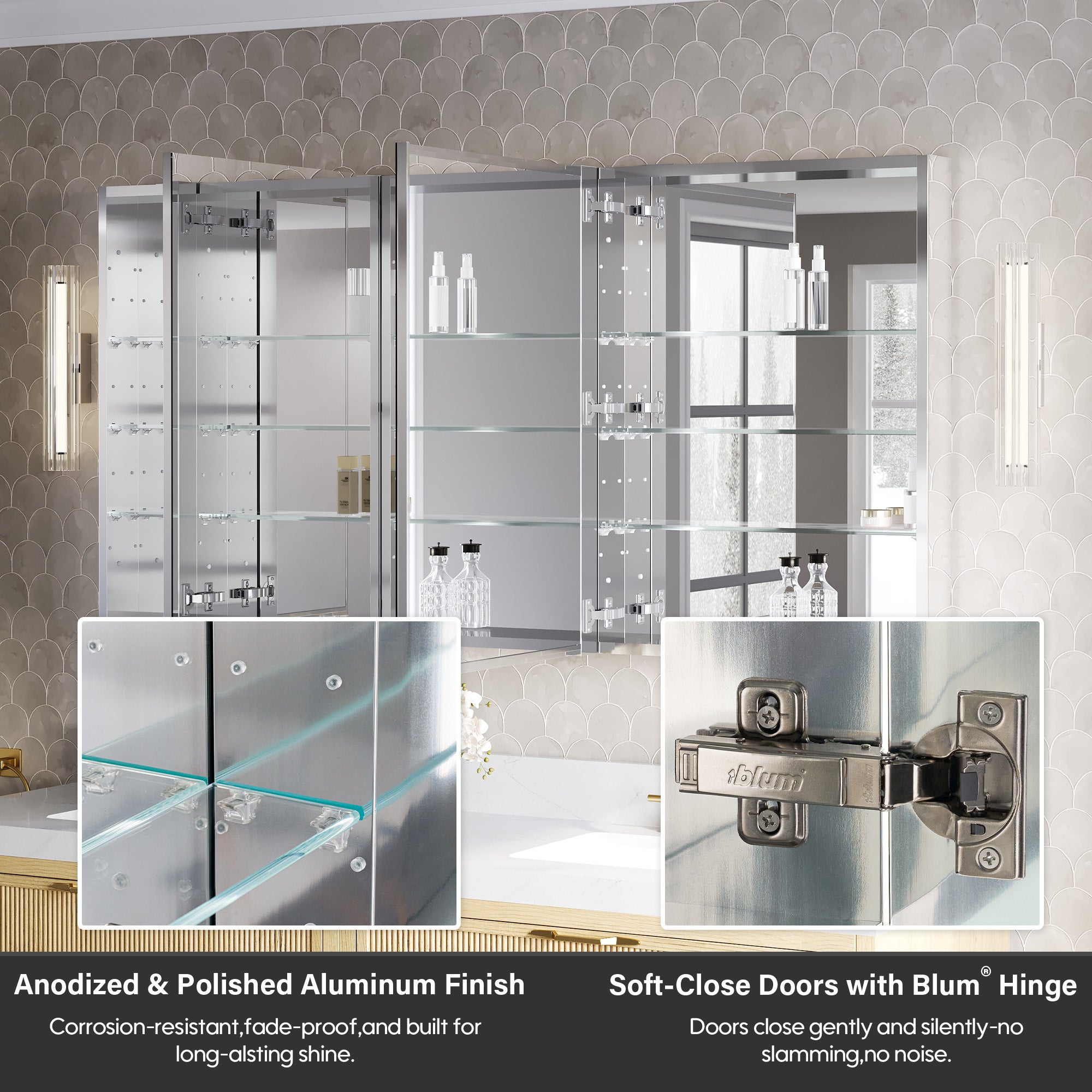 64 in.×32 in.H Aluminum Copper-Free Mirror Medicine Cabinet with Soft-Close Blum® Hinges and Recessed/Surface Mount