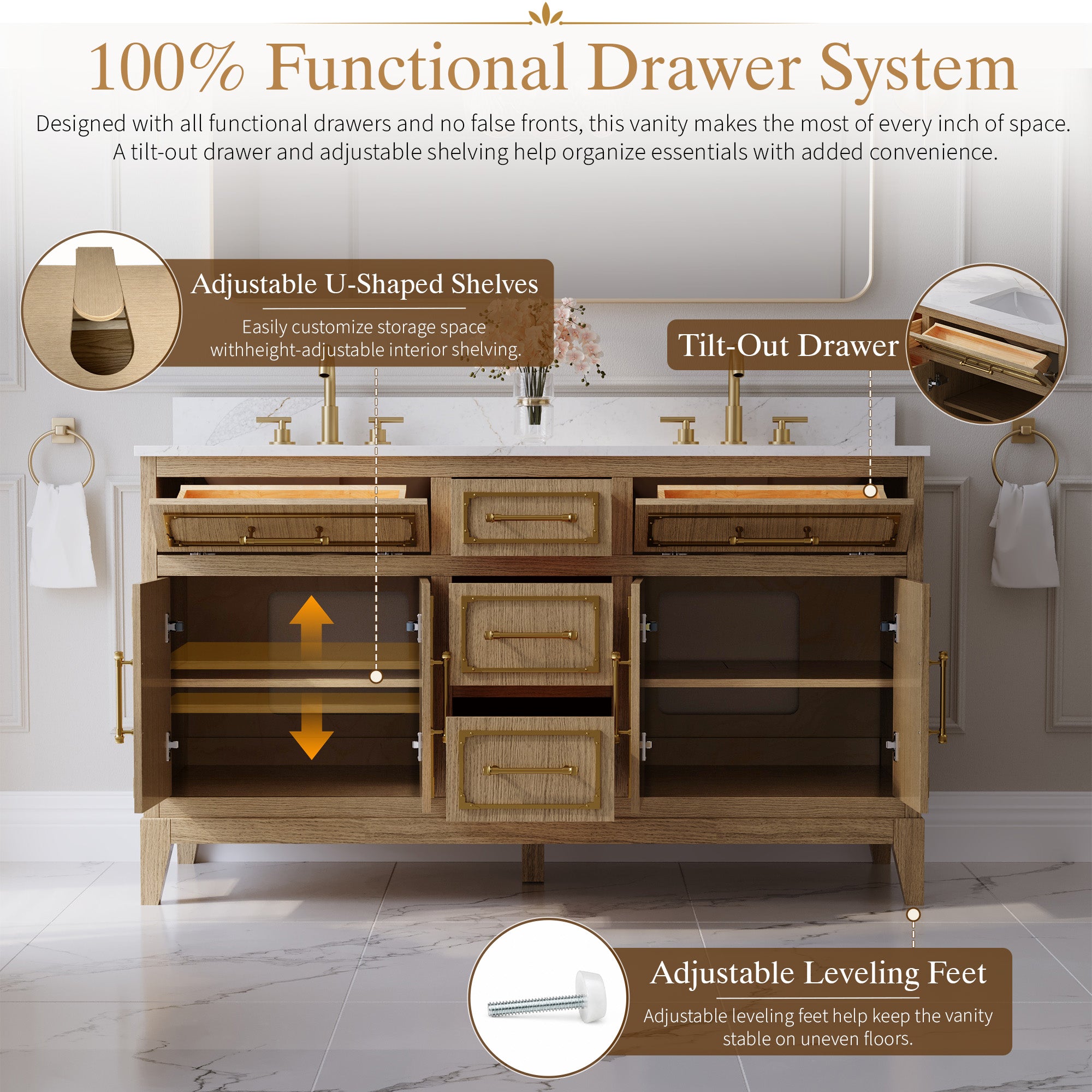 60 Inch Luxury Solid Oak Bathroom Vanity with Calacatta Quartz Countertop & Sinks, 3 Soft-Close Drawers and 2 Flip Drawers