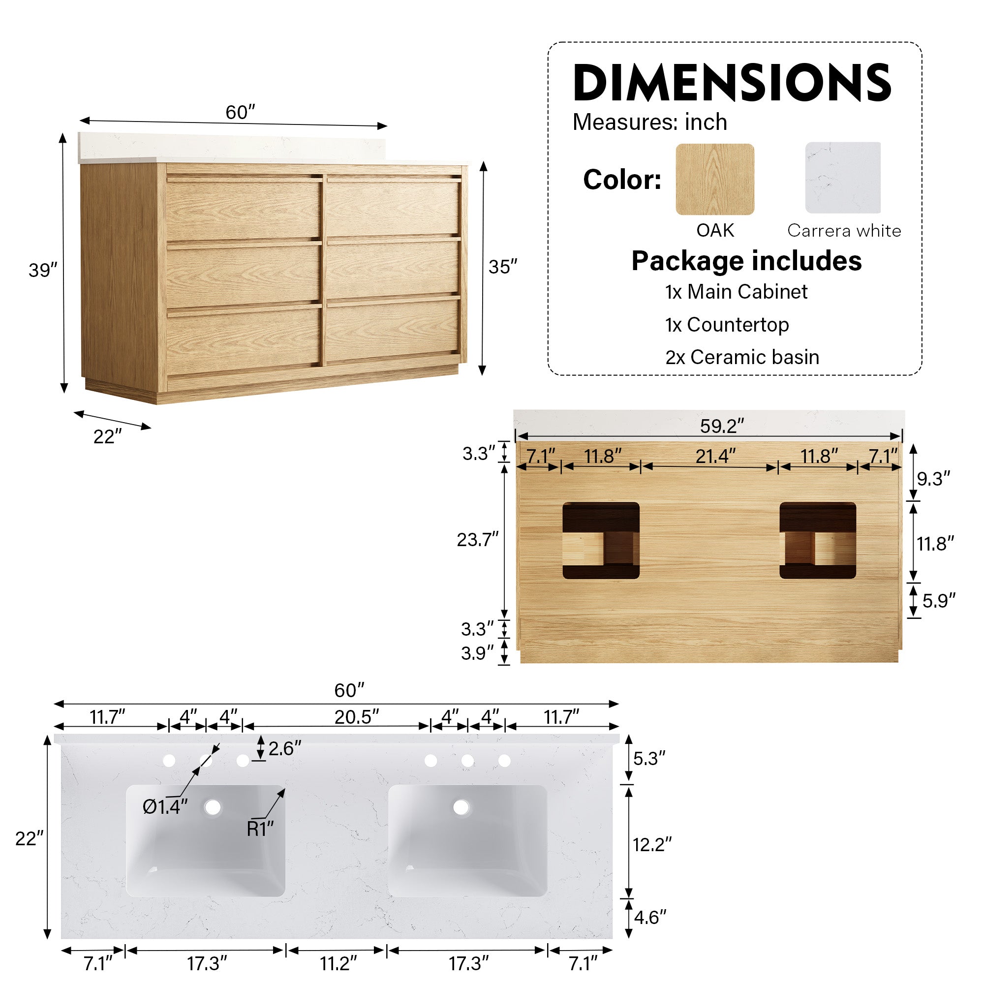 60 Inch Oak Soild Wood Bathroom Vanity with Double Undermount Sinks, 6 Dovetail-constructed Drawers