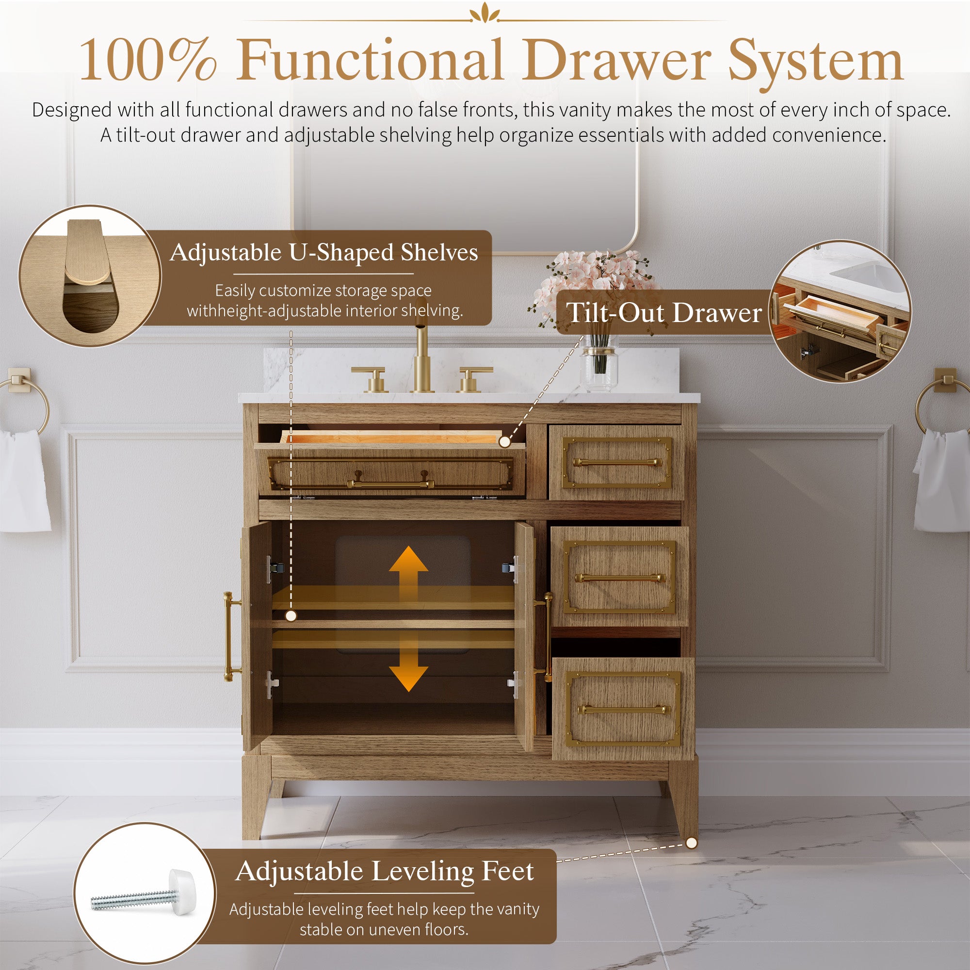 36 Inch Luxury Solid Oak Bathroom Vanity with Calacatta Quartz Countertop & Sink, 3 Soft-Close Drawers and 1 Flip Drawer