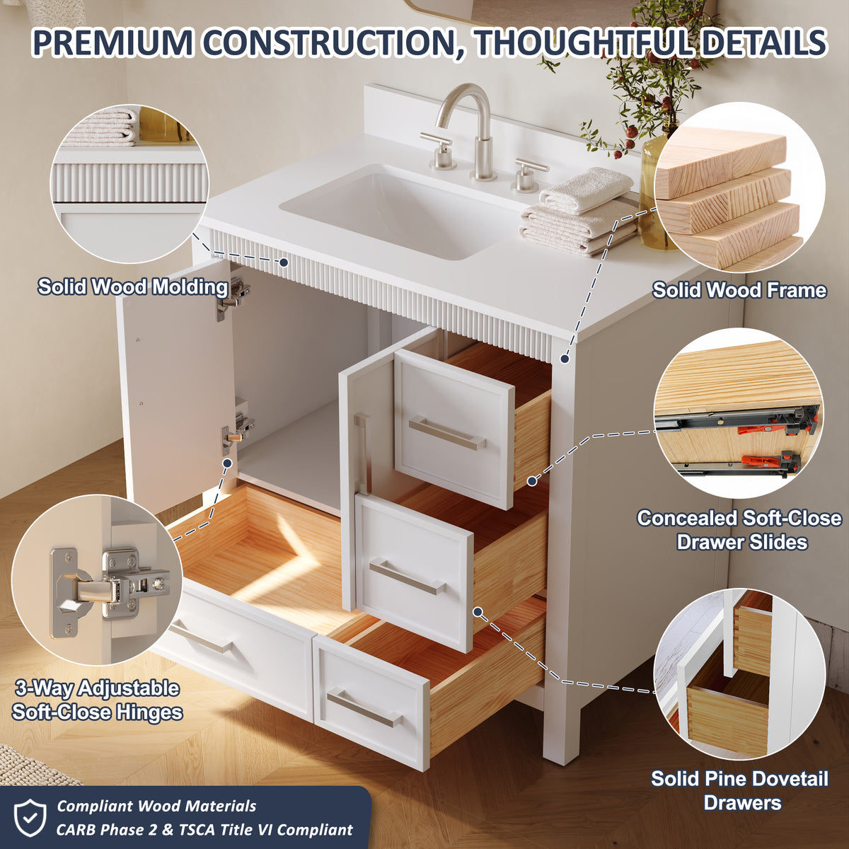 36 Inch Freestanding Solid Wood Bathroom Vanity with Fluted Molding, Pure White Quartz Countertop, White