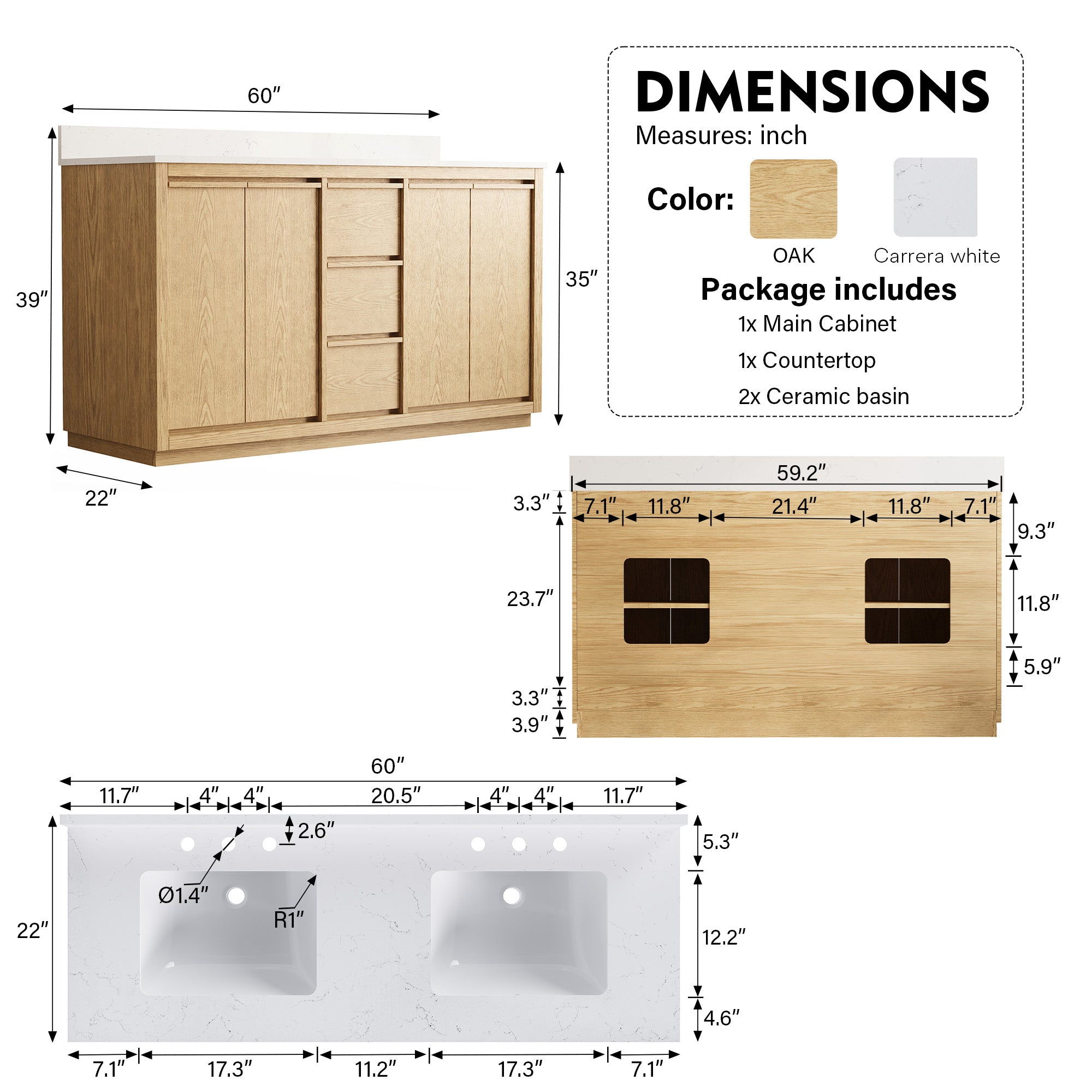 60 Inch Oak Soild Wood Bathroom Vanity with Double Undermount Sinks, 3 Dovetail-constructed Drawers and 4 Soft-close Doors