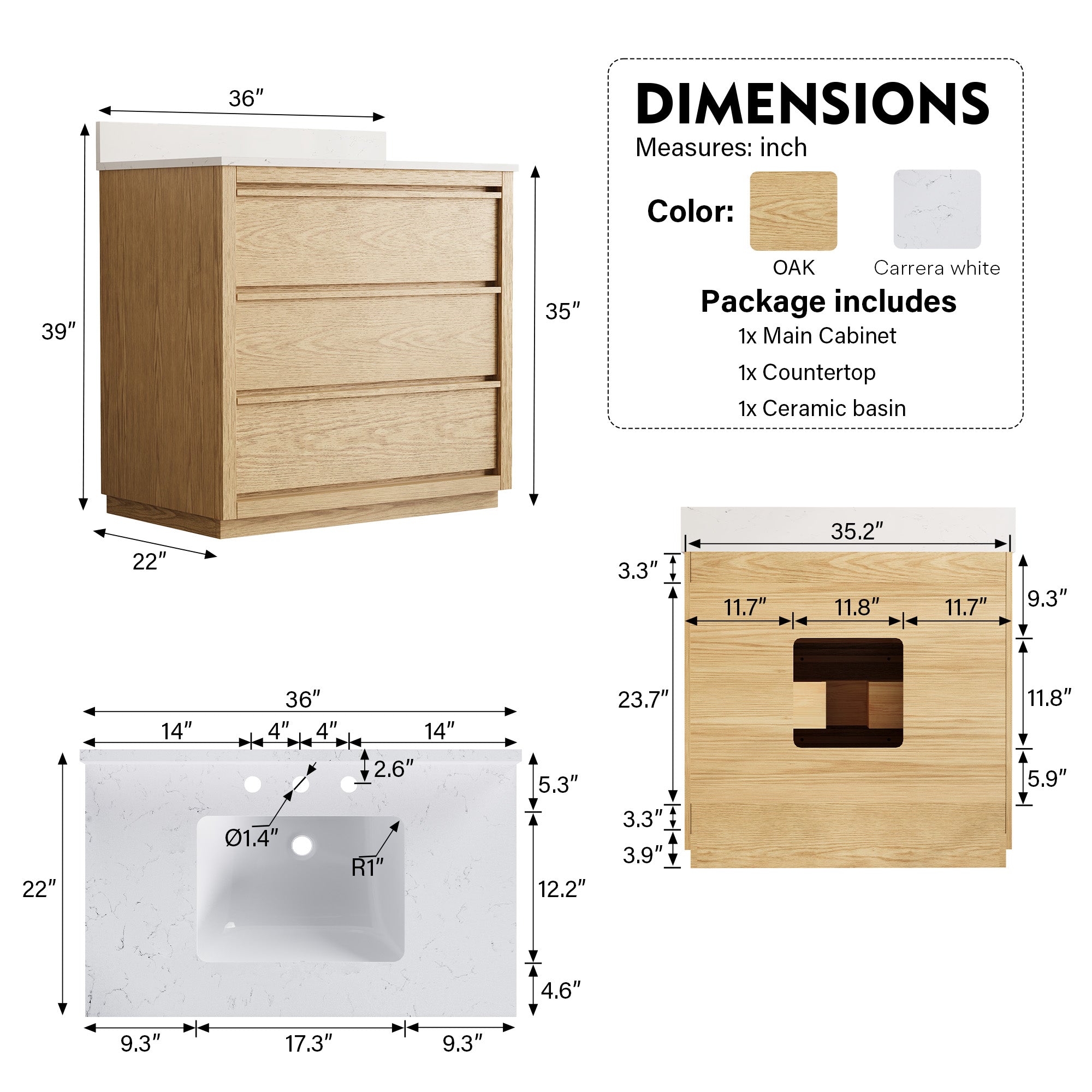 36 Inch Oak Soild Wood Bathroom Vanity with Single Undermount Sink, 3 Dovetail-constructed Drawers