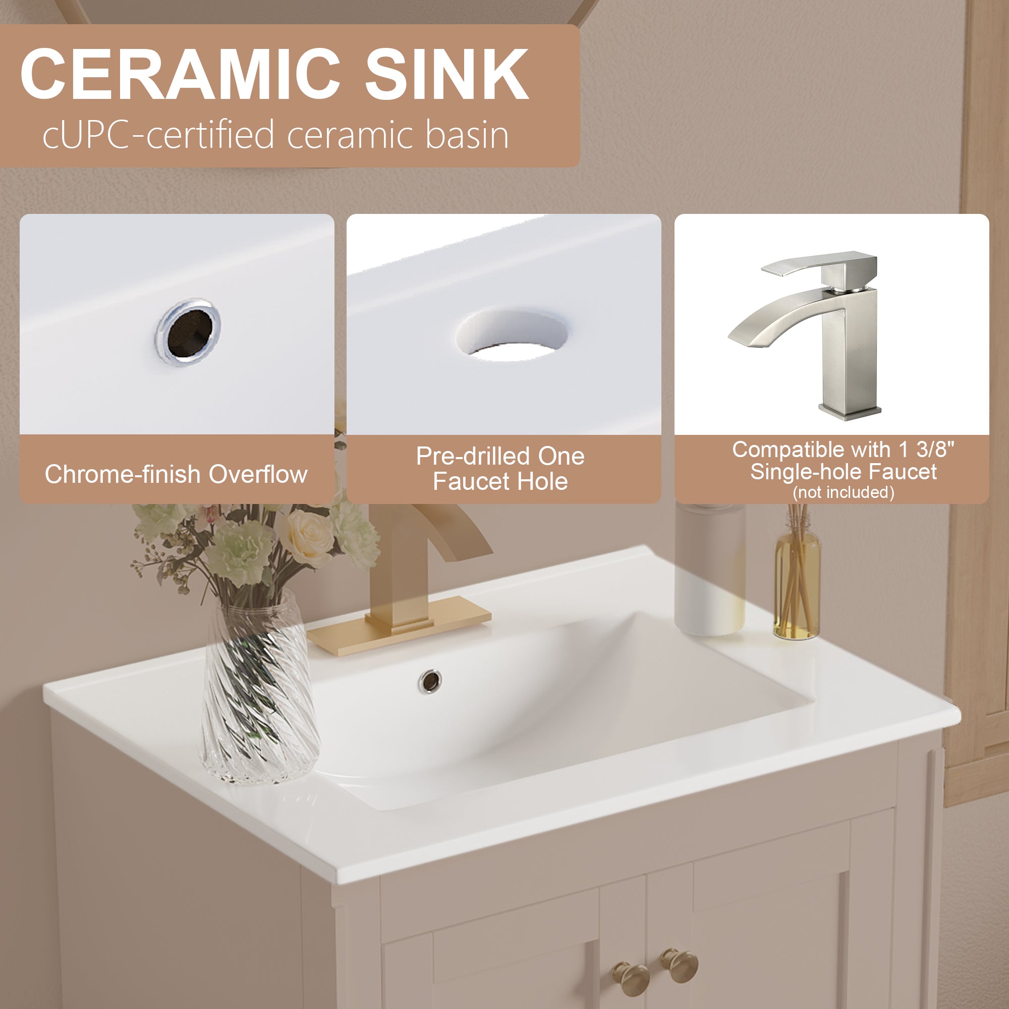24 inch Bathroom Vanity with Sink Combo Set, Solid Wood Bathroom Storage Cabinet with Soft-Closing Doors, White