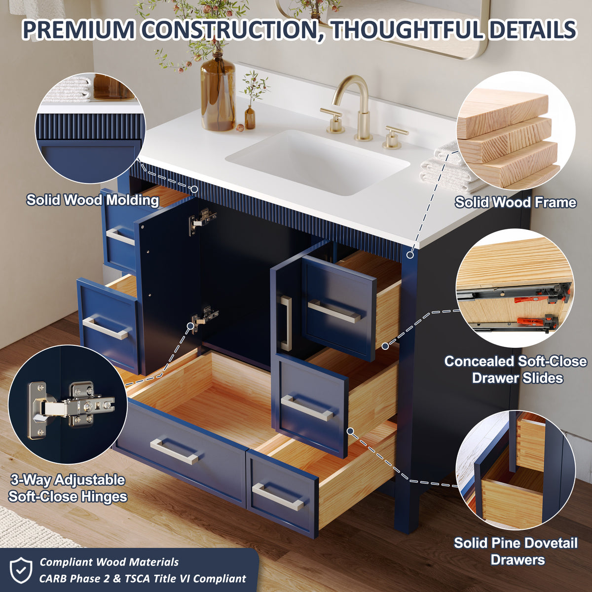 42 Inch Freestanding Solid Wood Bathroom Vanity with Fluted Molding, Pure White Quartz Countertop, Navy Blue