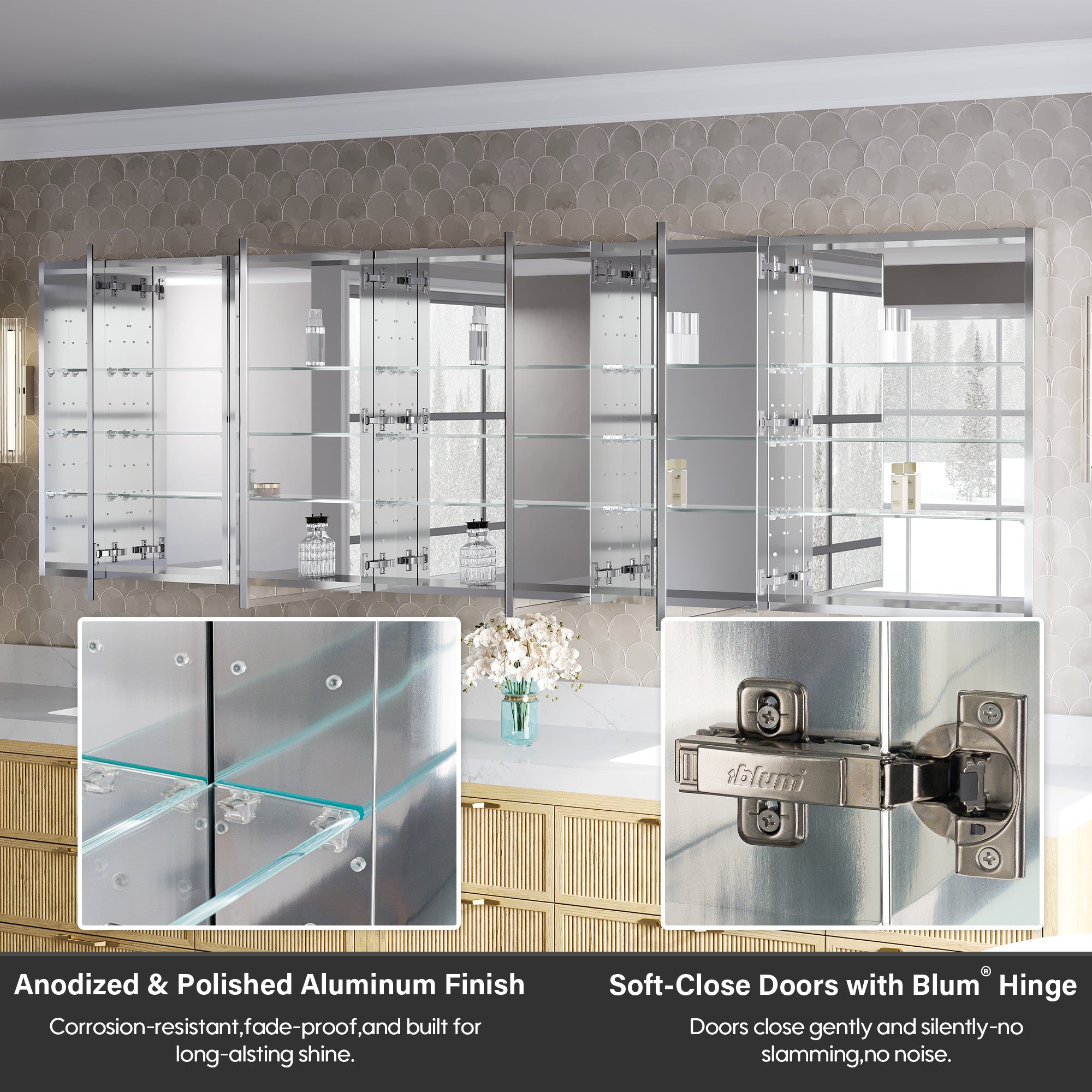 104 in.×32 in.H Copper-Free Mirror Medicine Cabinet with Soft-Close Blum® Hinges and 5 Doors