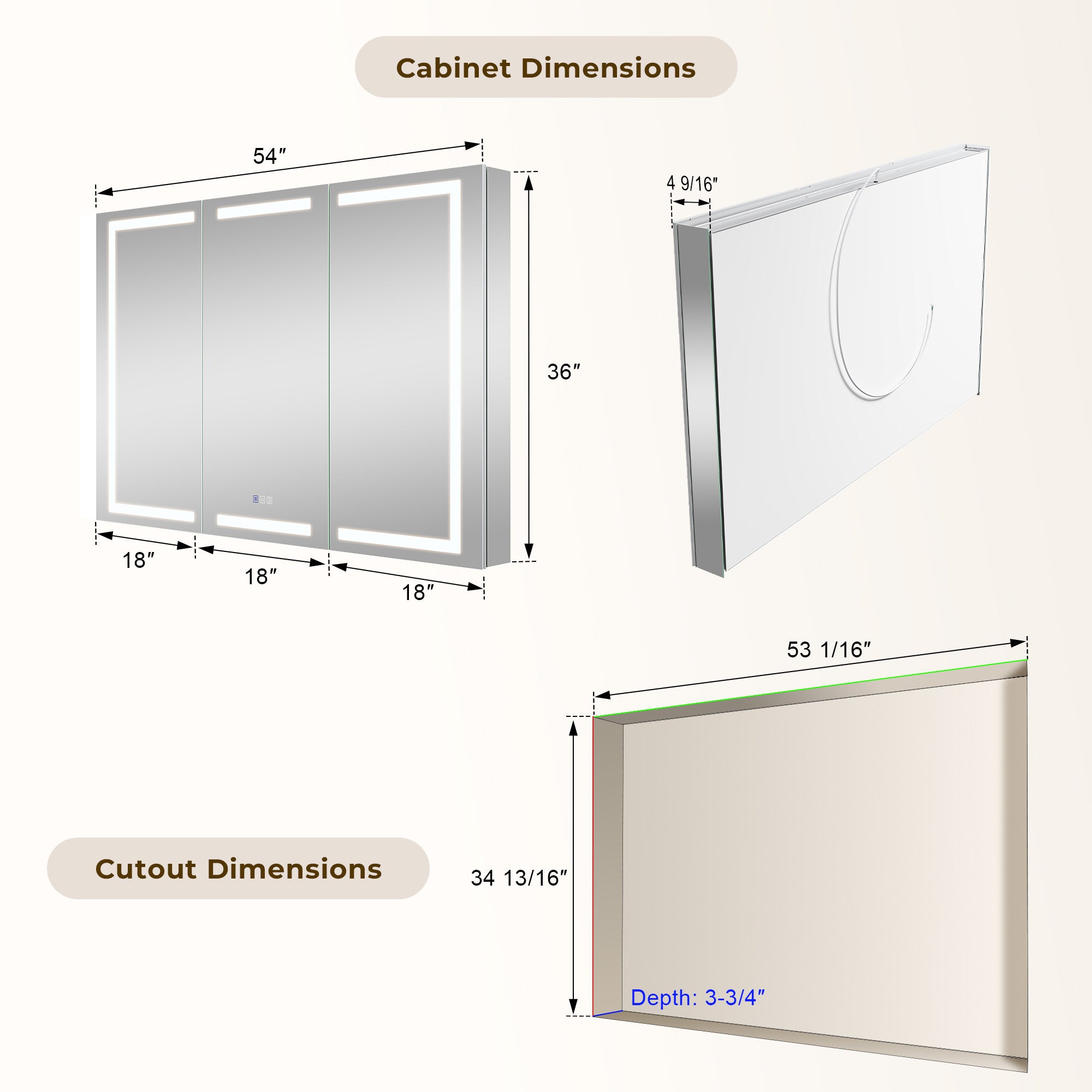 54 in. x 36 in. Aluminum LED Bathroom Medicine Cabinet with Anti-Fog, Dimmable Lighting, Outlet, Surface or Recessed Mount