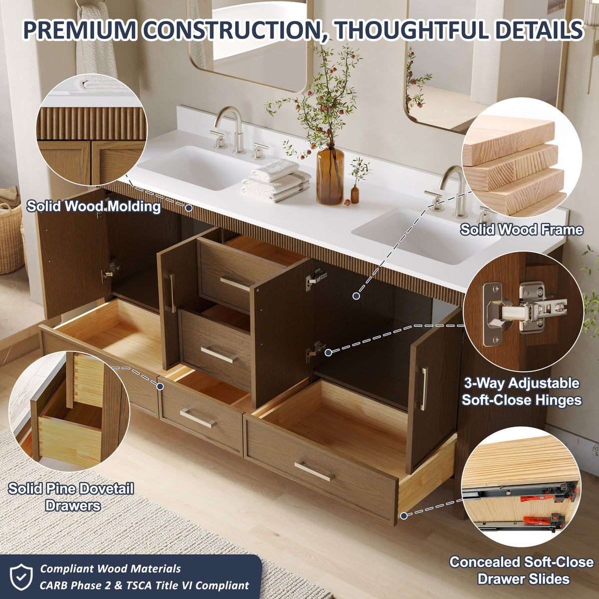 72 Inch Freestanding Solid Wood Bathroom Vanity with Pure White Quartz Countertop, 4 Soft-Close Doors & 5 Dovetail Drawers, Walnut