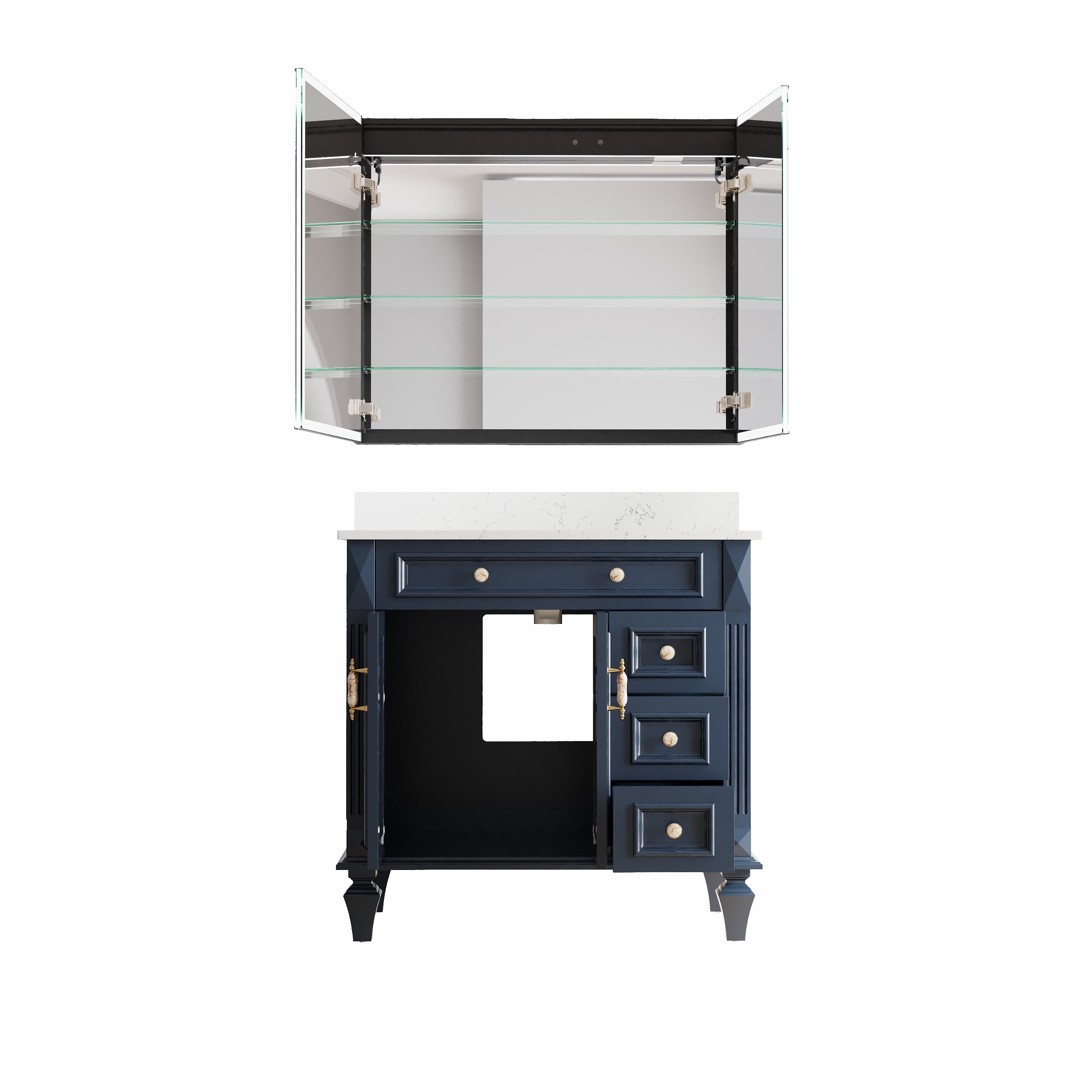 36" Navy Blue Solid Wood Bathroom Vanity & 36" LED Mirror Medicine Cabinet Combo