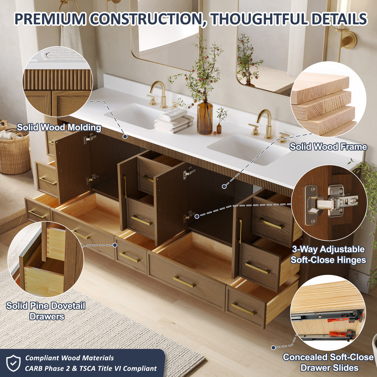 84 Inch Freestanding Solid Wood Bathroom Vanity with Pure White Quartz Countertop, 4 Soft-Close Doors & 11 Dovetail Drawers, Walnut