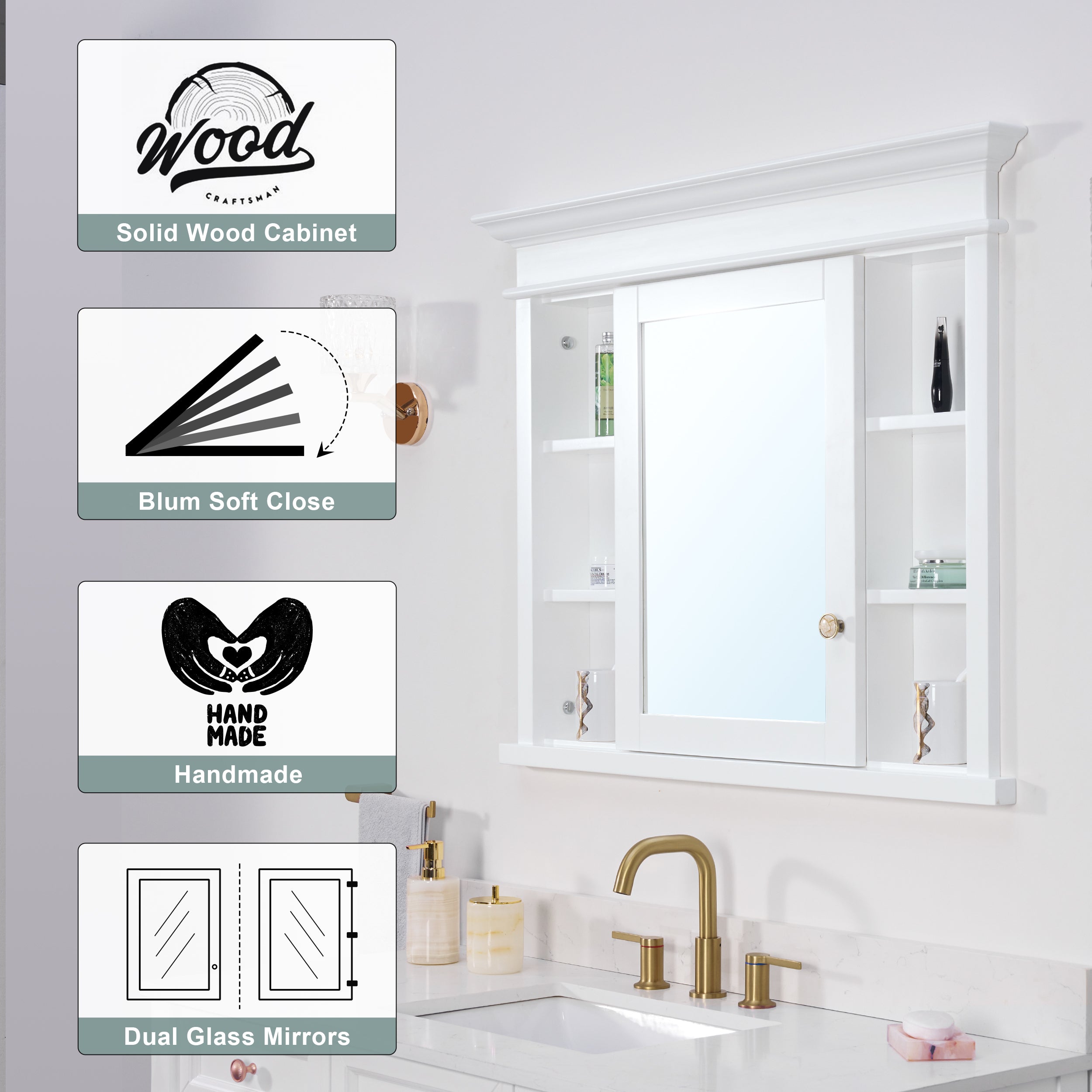 40 in.W x 32 in.H Recessed Bathroom Solid Wood Medicine Cabinet with Mirror in White