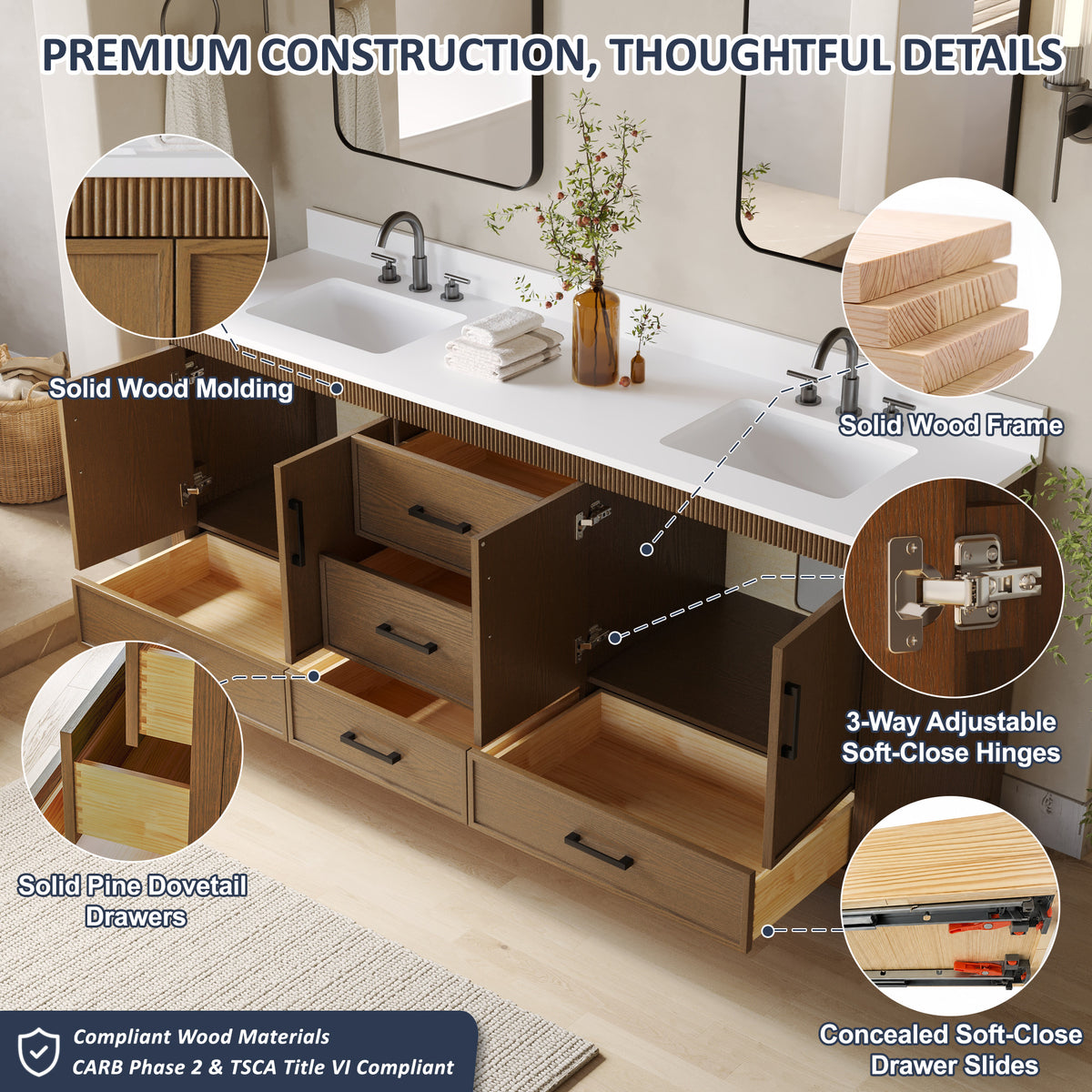 80 Inch Freestanding Solid Wood Bathroom Vanity with Pure White Quartz Countertop, 4 Soft-Close Doors & 5 Dovetail Drawers, Walnut