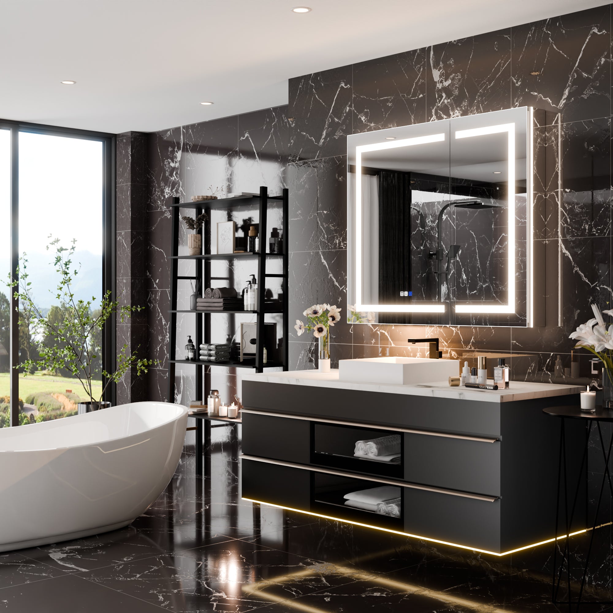 WELLFOR 42 in. x 36 in. Recessed/Surface Mount LED Medicine Cabinet with 5X Magnifier Mirror and Night Light