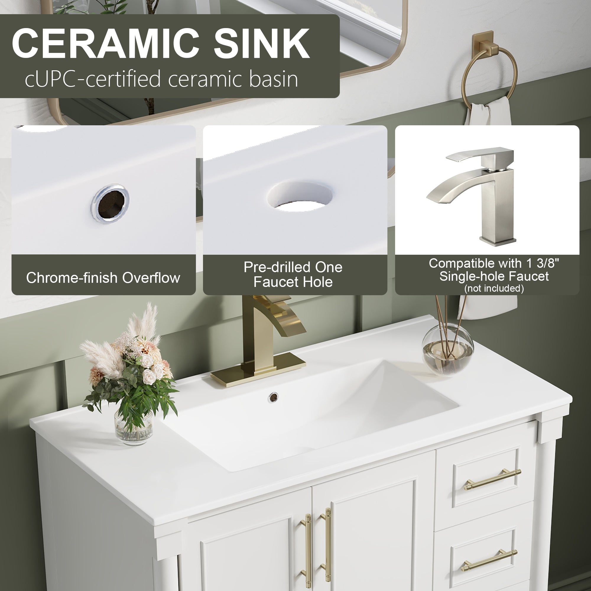 36 inch Bathroom Vanity with Single Sink, Solid Wooden Standing Bathroom Cabinet with Soft-Closing Doors