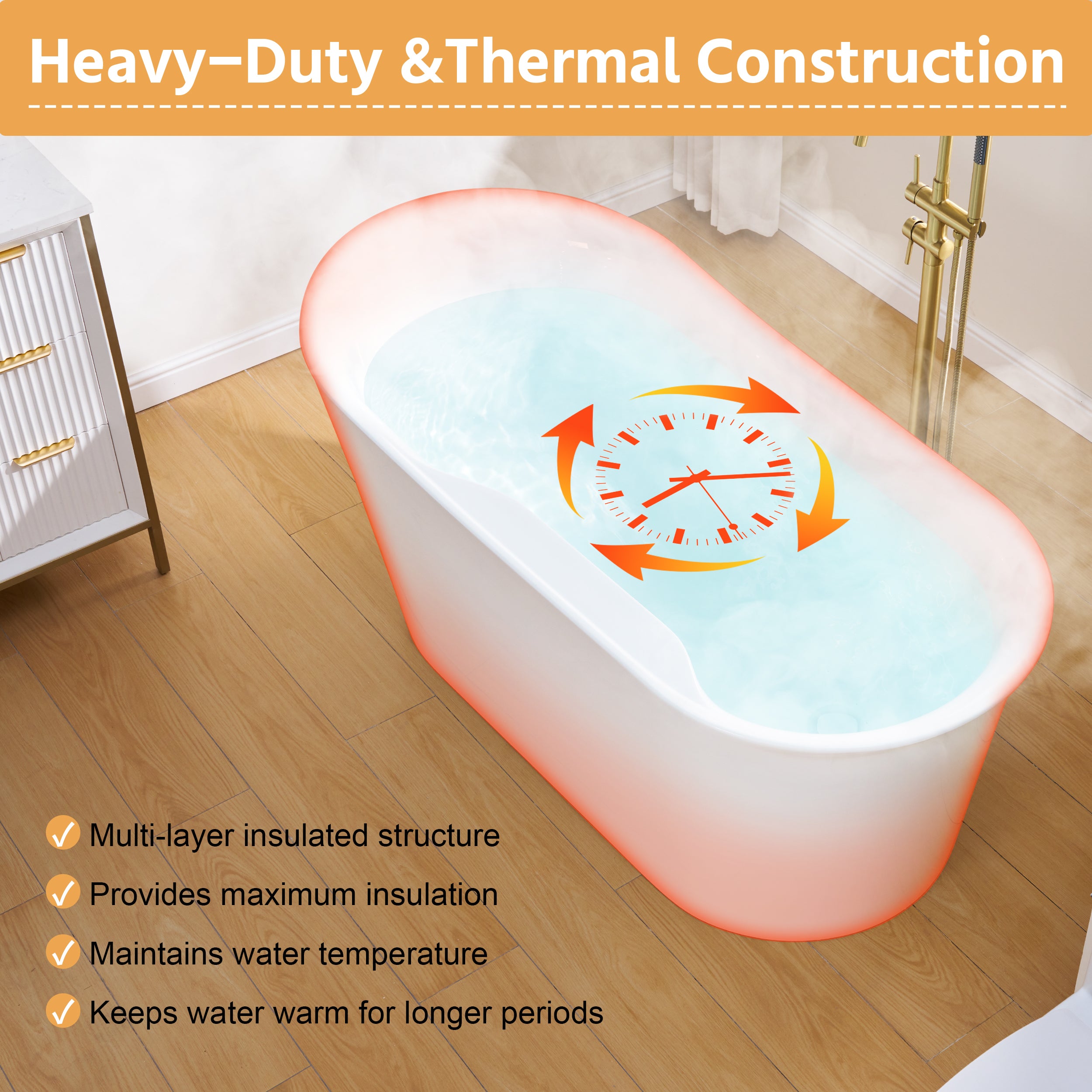 66" Freestanding Glossy White Acrylic Bathtub with Overflow and Drainage