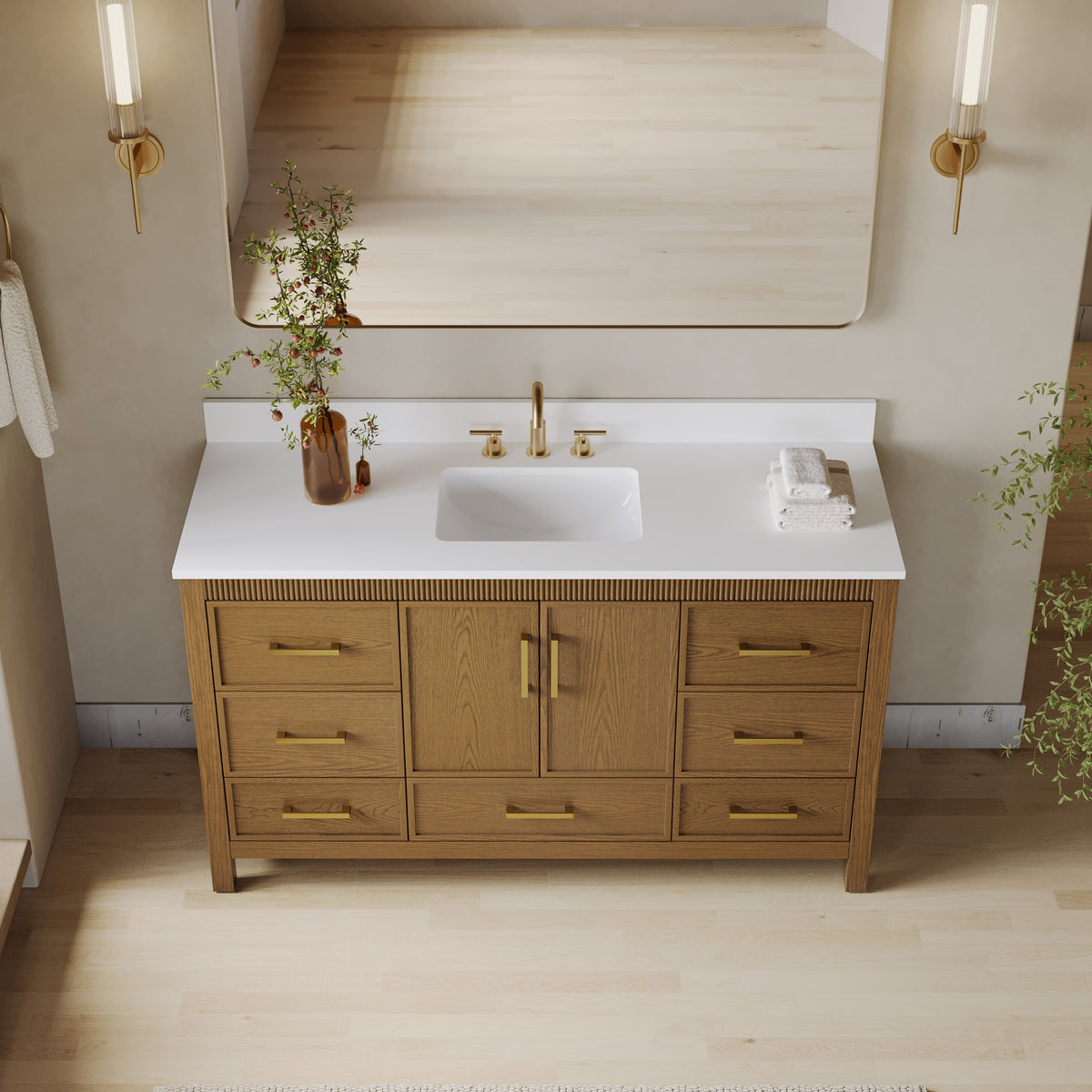 60 Inch Freestanding Solid Wood Bathroom Vanity with Pure White Quartz Countertop, 2 Soft-Close Doors & 7 Dovetail Drawers, Walnut