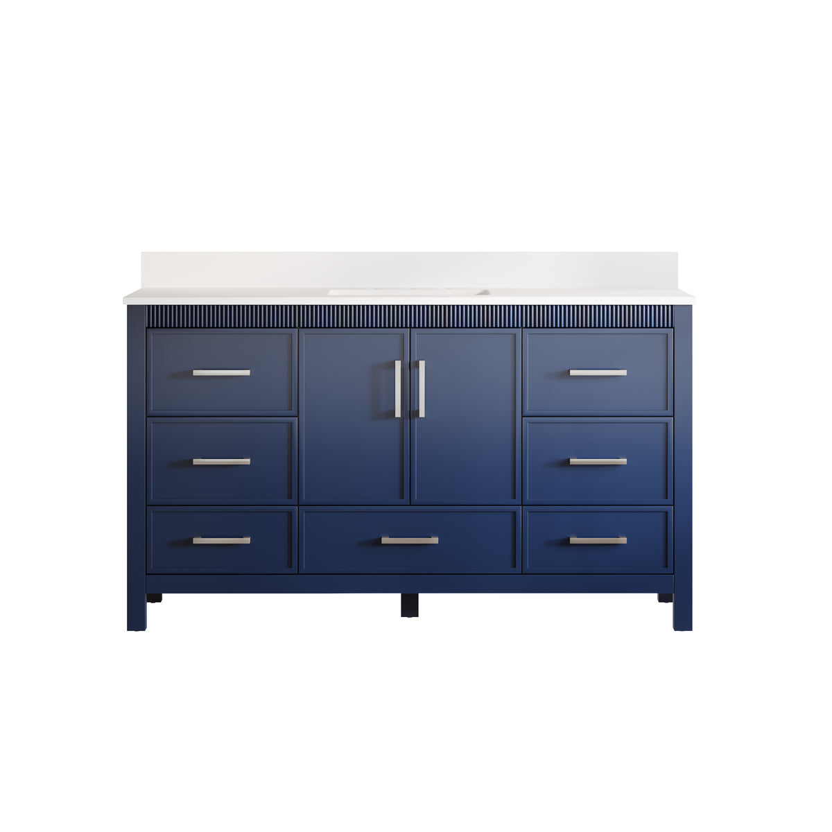 60 Inch Freestanding Solid Wood Bathroom Vanity with Pure White Quartz Countertop, 2 Soft-Close Doors & 7 Dovetail Drawers, Navy Blue