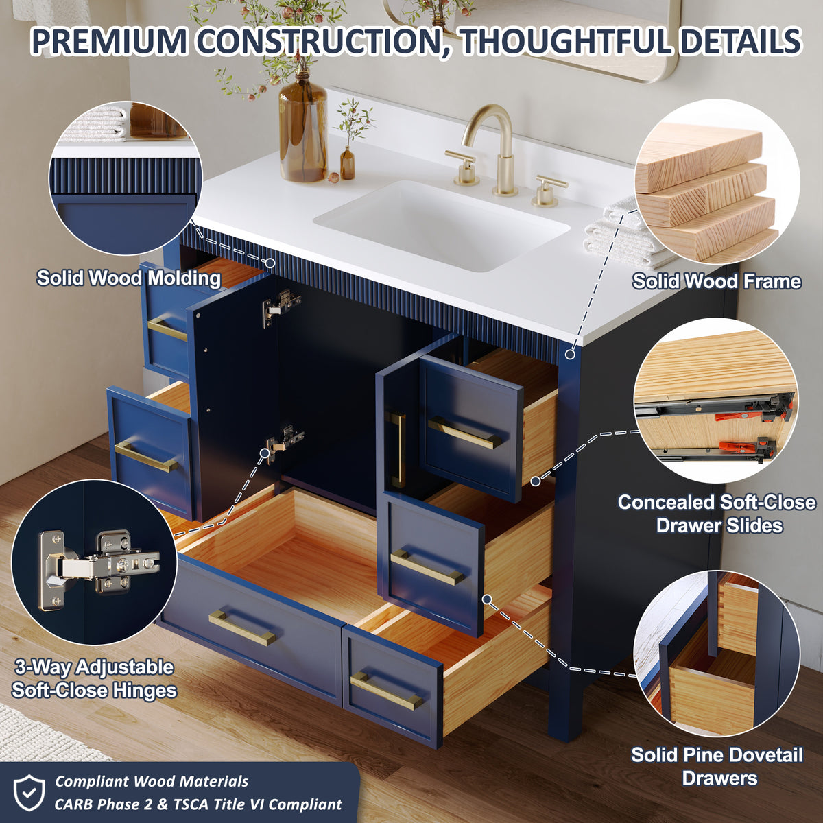 42 Inch Freestanding Solid Wood Bathroom Vanity with Fluted Molding, Pure White Quartz Countertop, Navy Blue