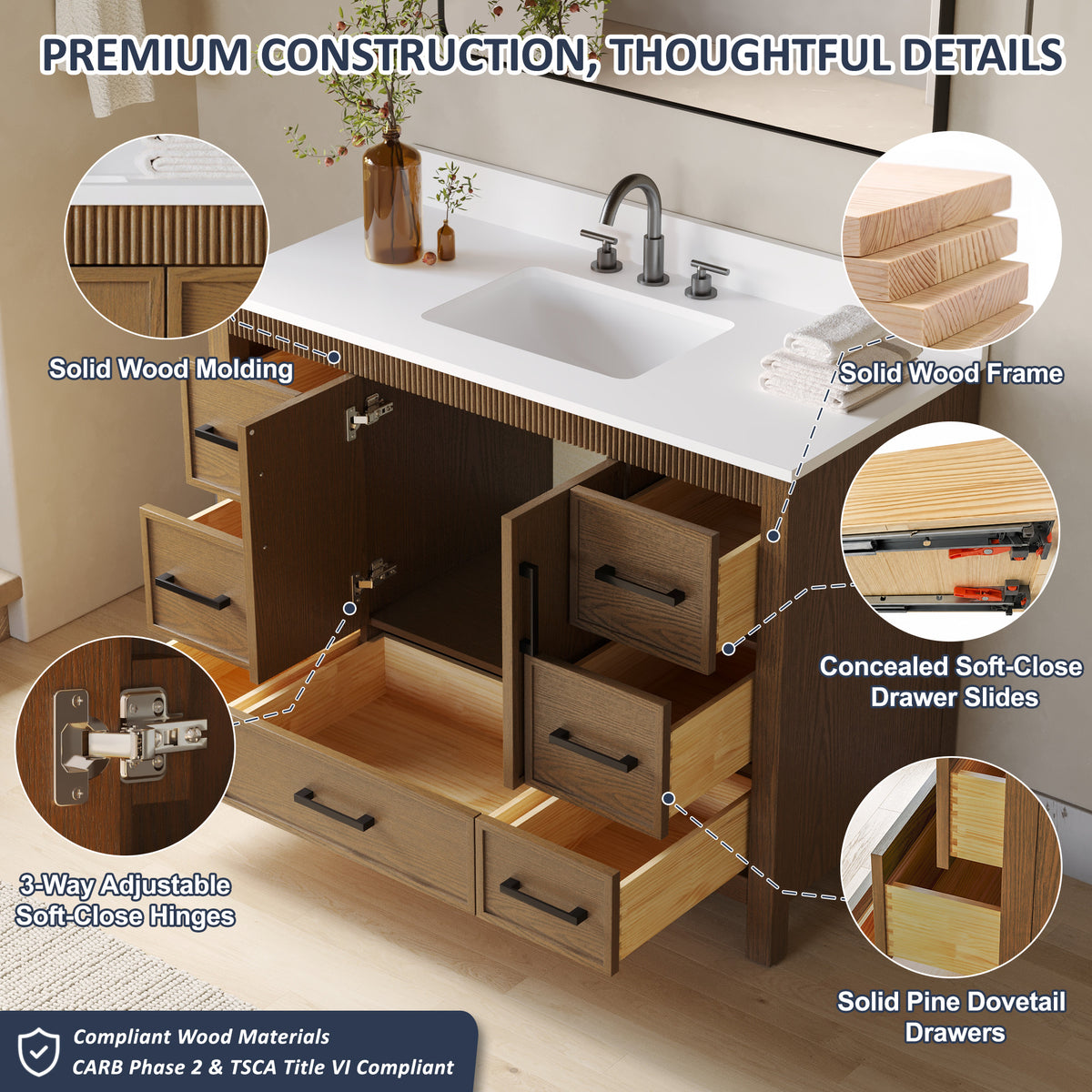 48 Inch Freestanding Solid Wood Bathroom Vanity with Fluted Molding, Pure White Quartz Countertop, Walnut