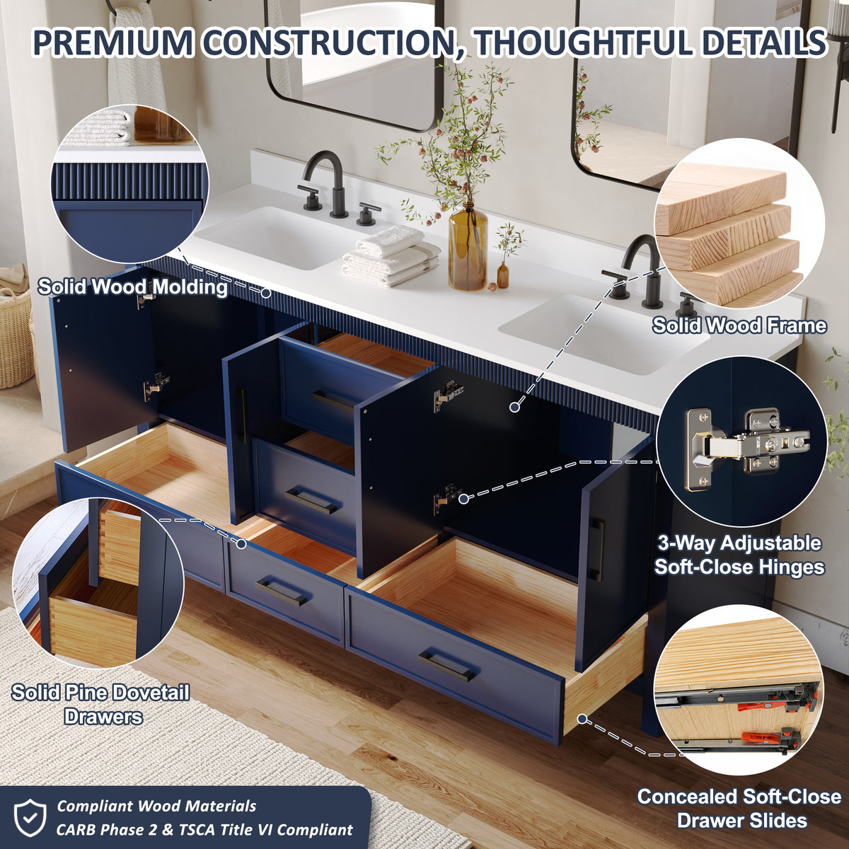 72 Inch Freestanding Solid Wood Bathroom Vanity with Pure White Quartz Countertop, 4 Soft-Close Doors & 5 Dovetail Drawers, Navy Blue