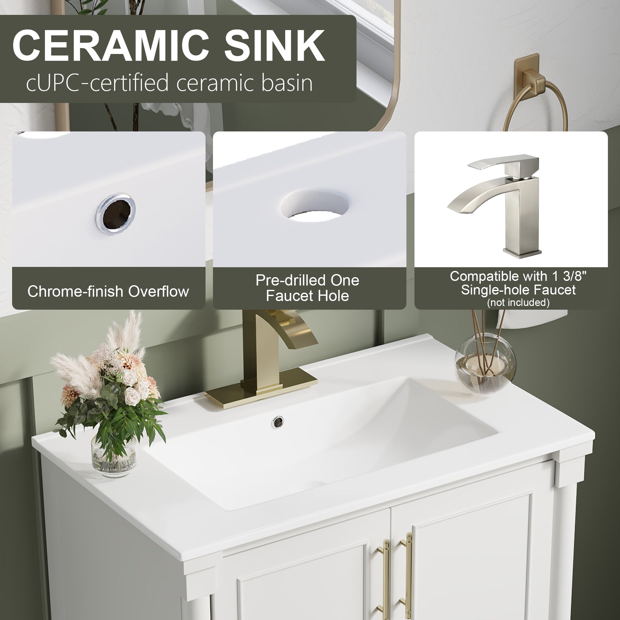 30 inch Bathroom Vanity with Single Sink, Solid Wooden Freestanding Bathroom Cabinet with Soft-Closing Doors