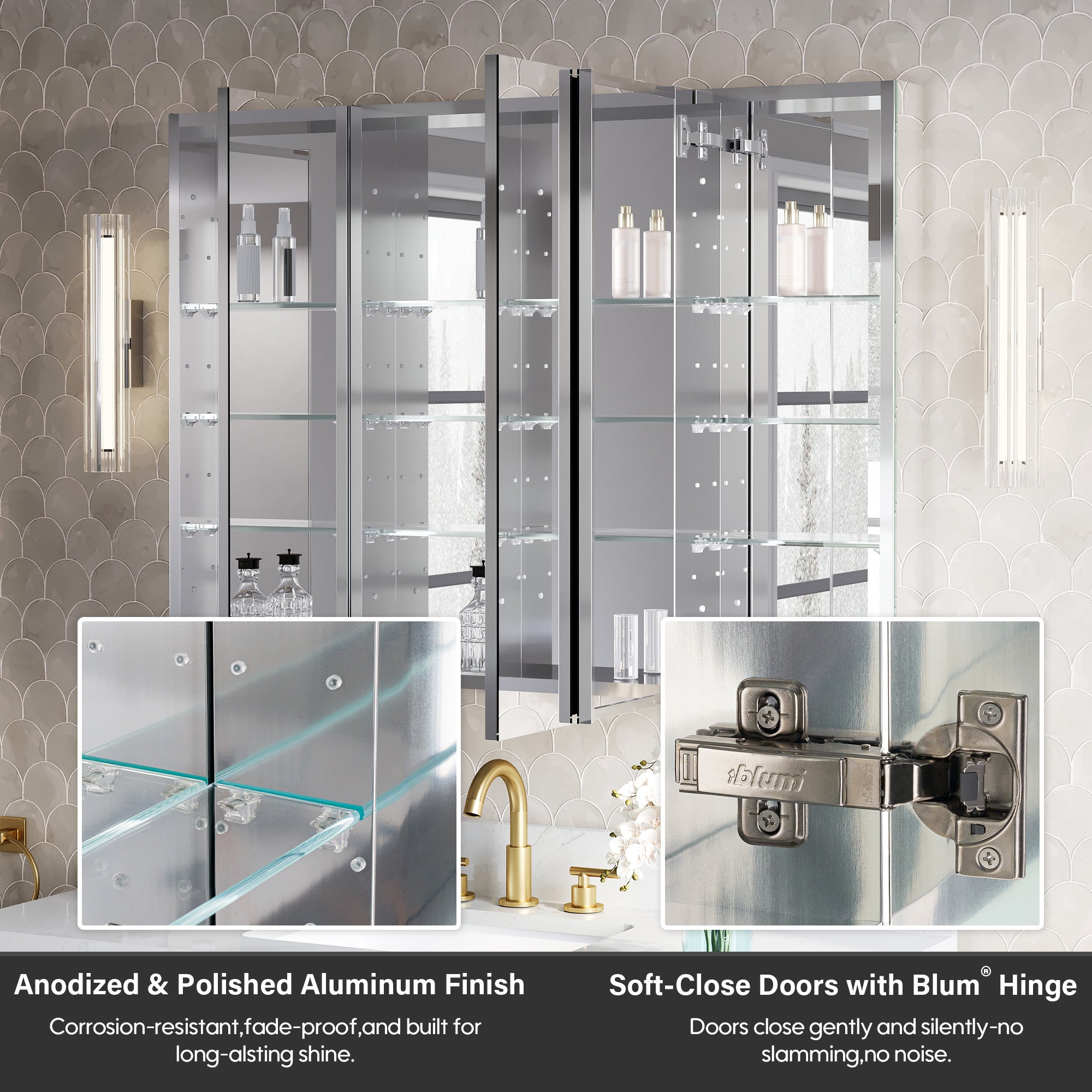 44 in.×32 in.H Copper-Free Mirror Medicine Cabinet with Soft-Close Blum® Hinges and 3 Doors