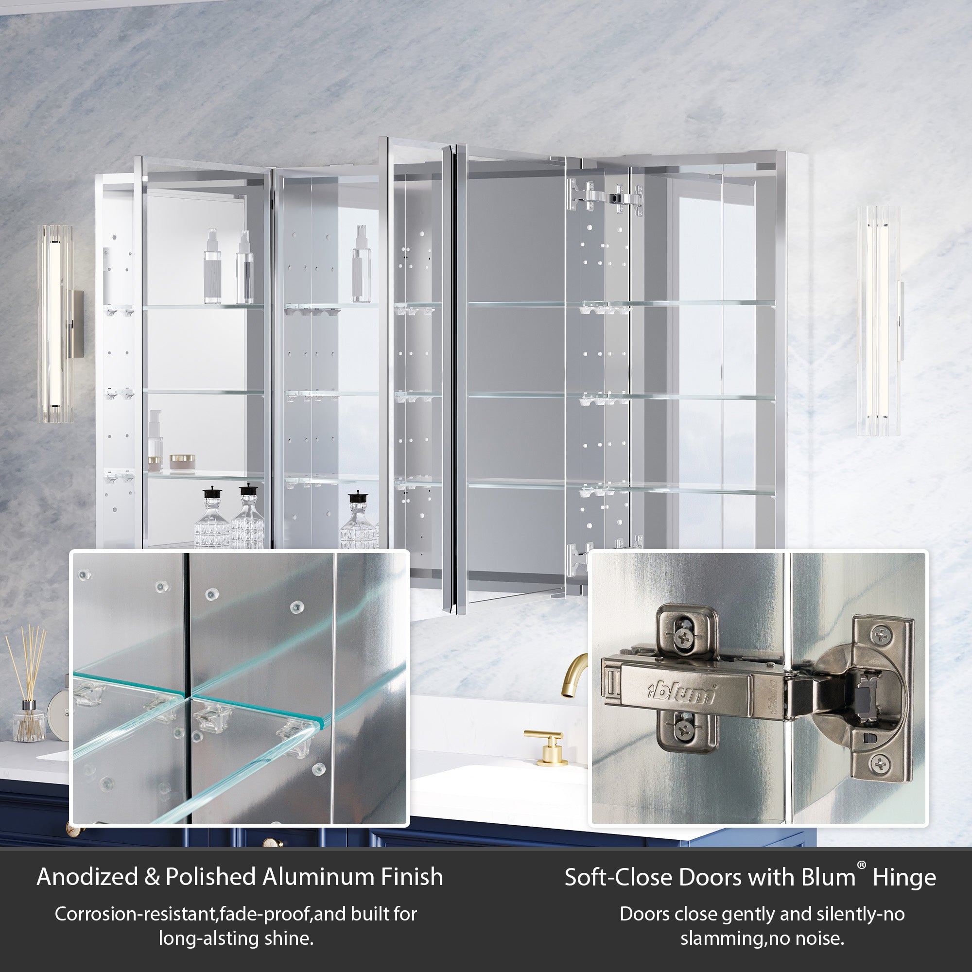 56 in.×30 in.H Aluminum Copper-Free Mirror Medicine Cabinet with Beveled Mirror Door, Soft-Close Blum® Hinges, 9 Adjustable Shelves