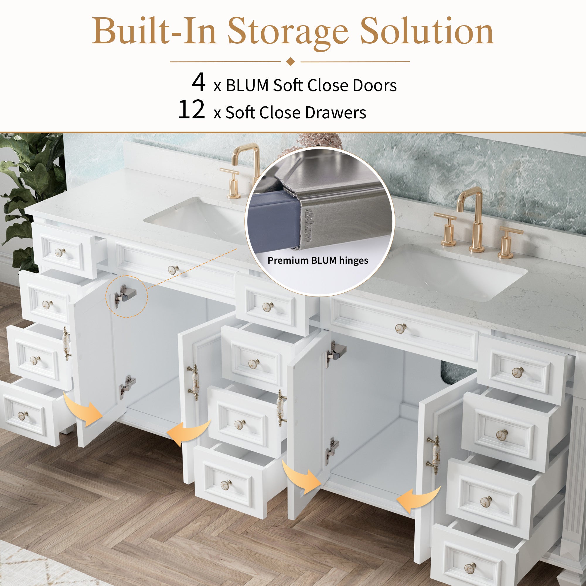 84 in. Freestanding Solid Wood Bathroom Vanity with Carrara White Quartz Countertop, White