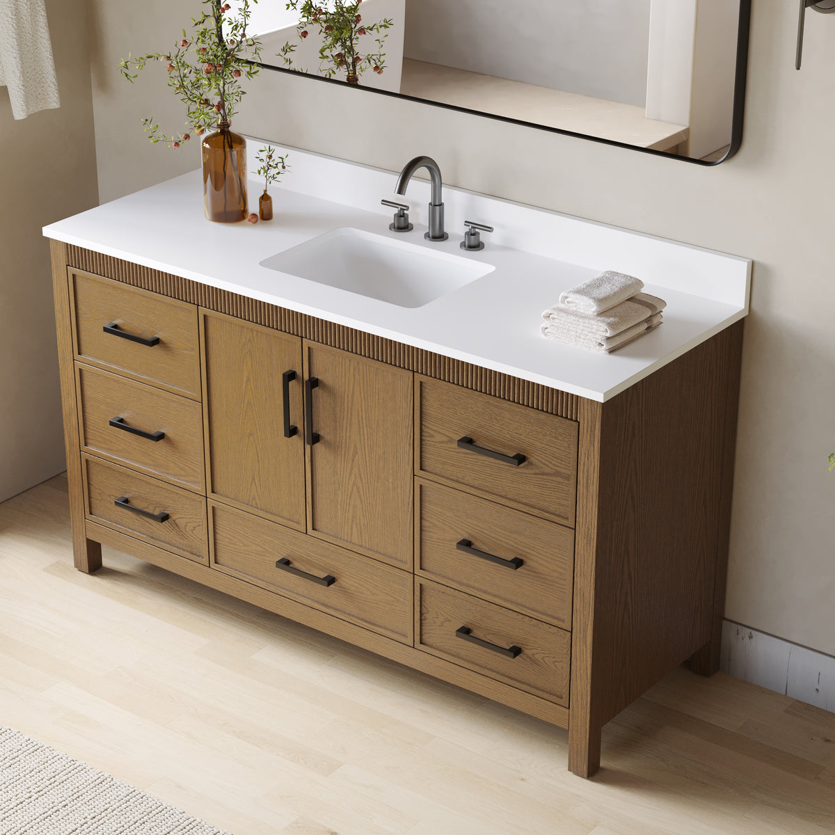 60 Inch Freestanding Solid Wood Bathroom Vanity with Pure White Quartz Countertop, 2 Soft-Close Doors & 7 Dovetail Drawers, Walnut