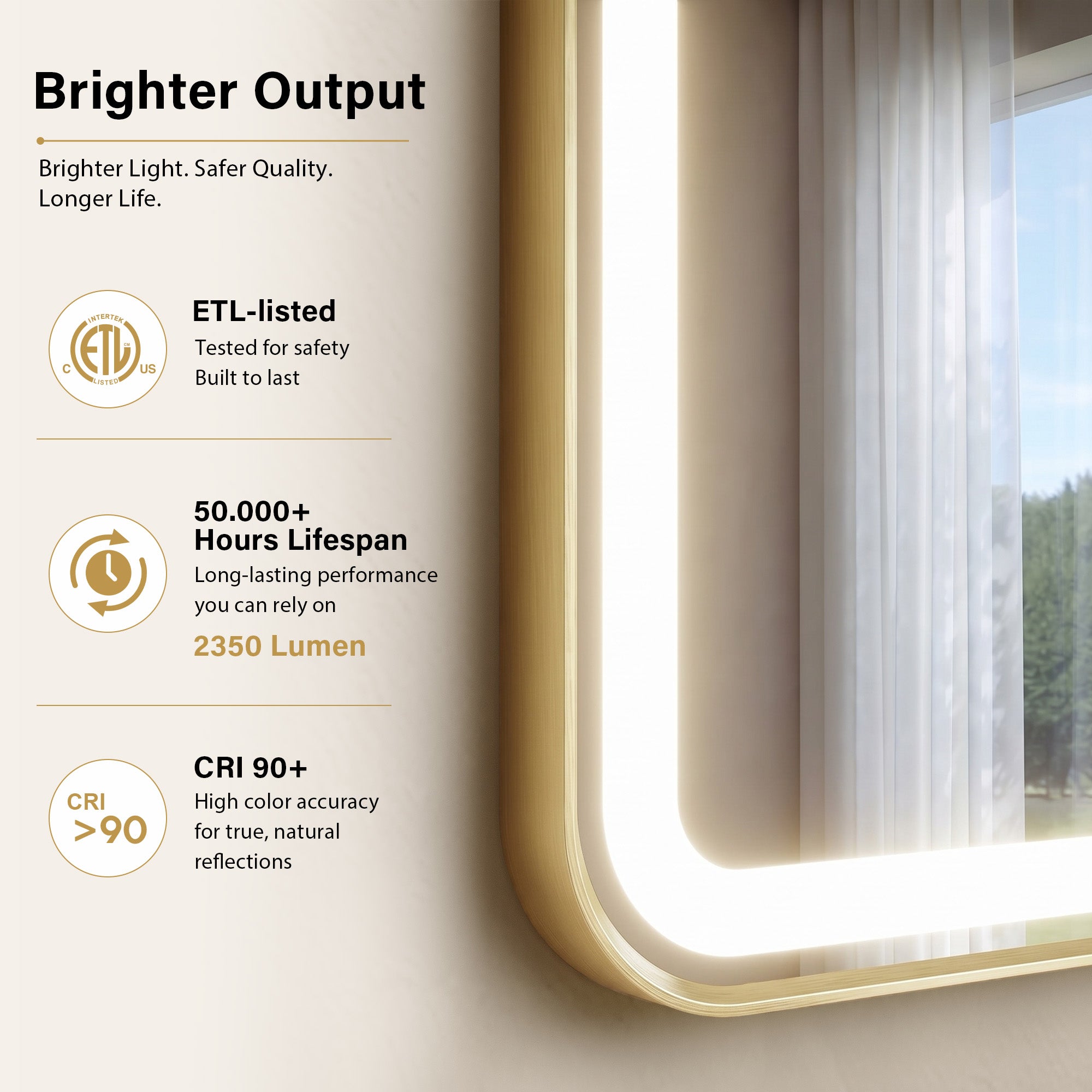24 in. x 32 in. Framed LED Bathroom Mirror in Brushed Gold with Rounded Corners, Dimmable Lighted, Anti-Fog