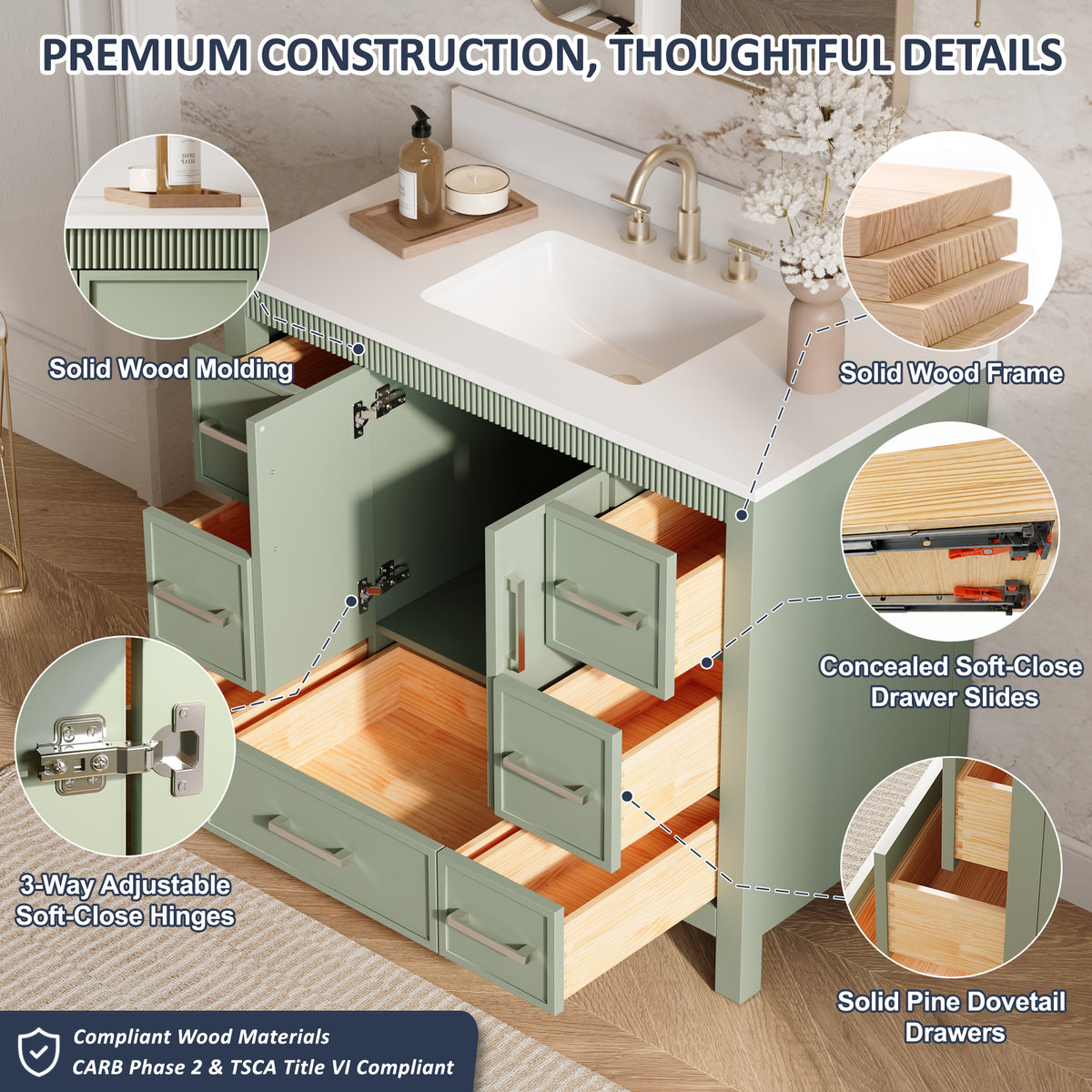 42 Inch Freestanding Solid Wood Bathroom Vanity with Fluted Molding, Pure White Quartz Countertop, SAGE GREEN