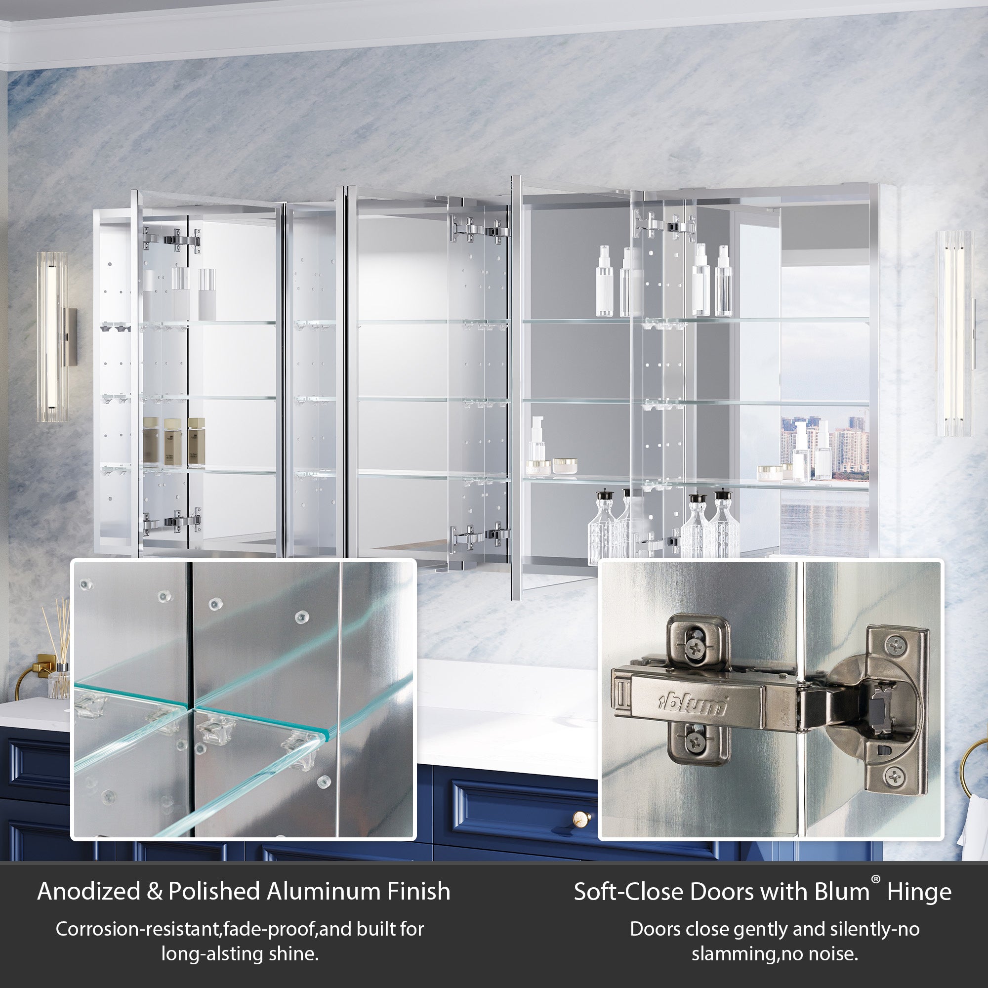 72 in.×30 in.H Aluminum Copper-Free Mirror Medicine Cabinet with Beveled Mirror Door, Recessed or Surface Mount, Adjustable Shelves