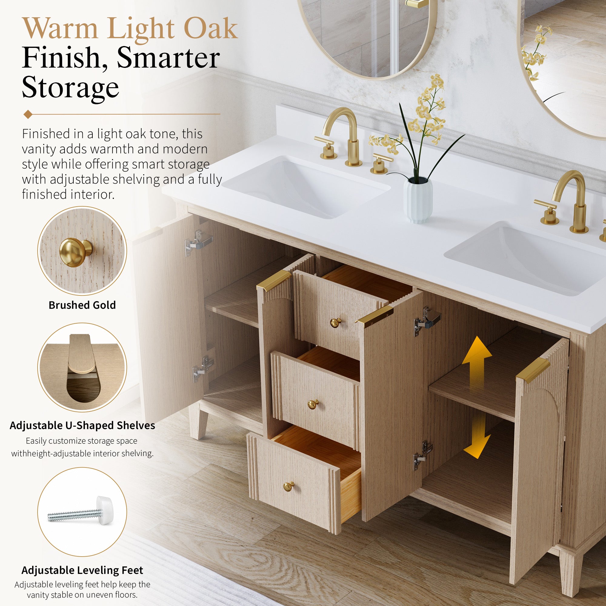60 Inch Modern Light Oak Solid Wood Bathroom Vanity with White Quartz Countertop & 3 Soft-Close Drawers