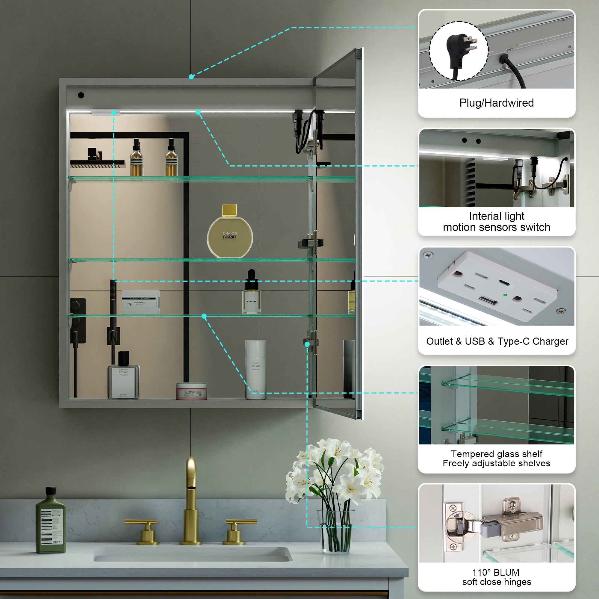24 in. x 30 in. LED Lighted Surface/Recessed Mount Mirror Medicine Cabinet with Outlet Right Side