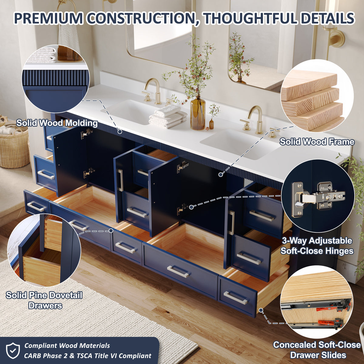84 Inch Freestanding Solid Wood Bathroom Vanity with Pure White Quartz Countertop, 4 Soft-Close Doors & 11 Dovetail Drawers, Navy Blue