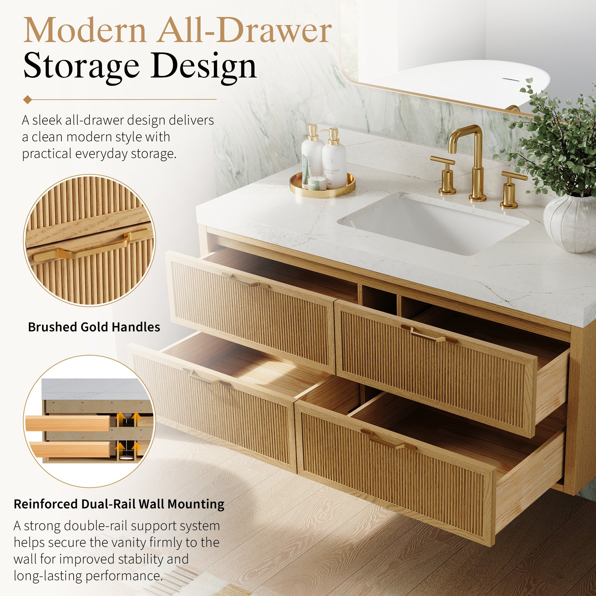 48-Inch Solid Oak Floating Bathroom Vanity with Calacatta Quartz Countertop, 4 Soft-Close Fluted Drawers