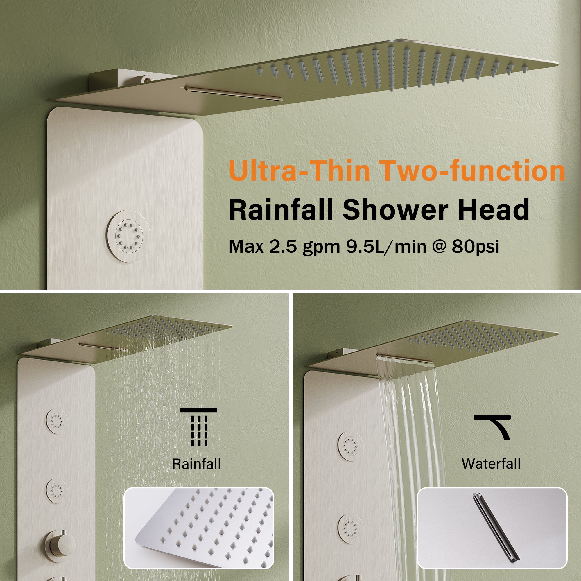 Stainless Steel Shower System with Ultra-Thin Dual-Function Rainfall Head, Handheld, Body Jets