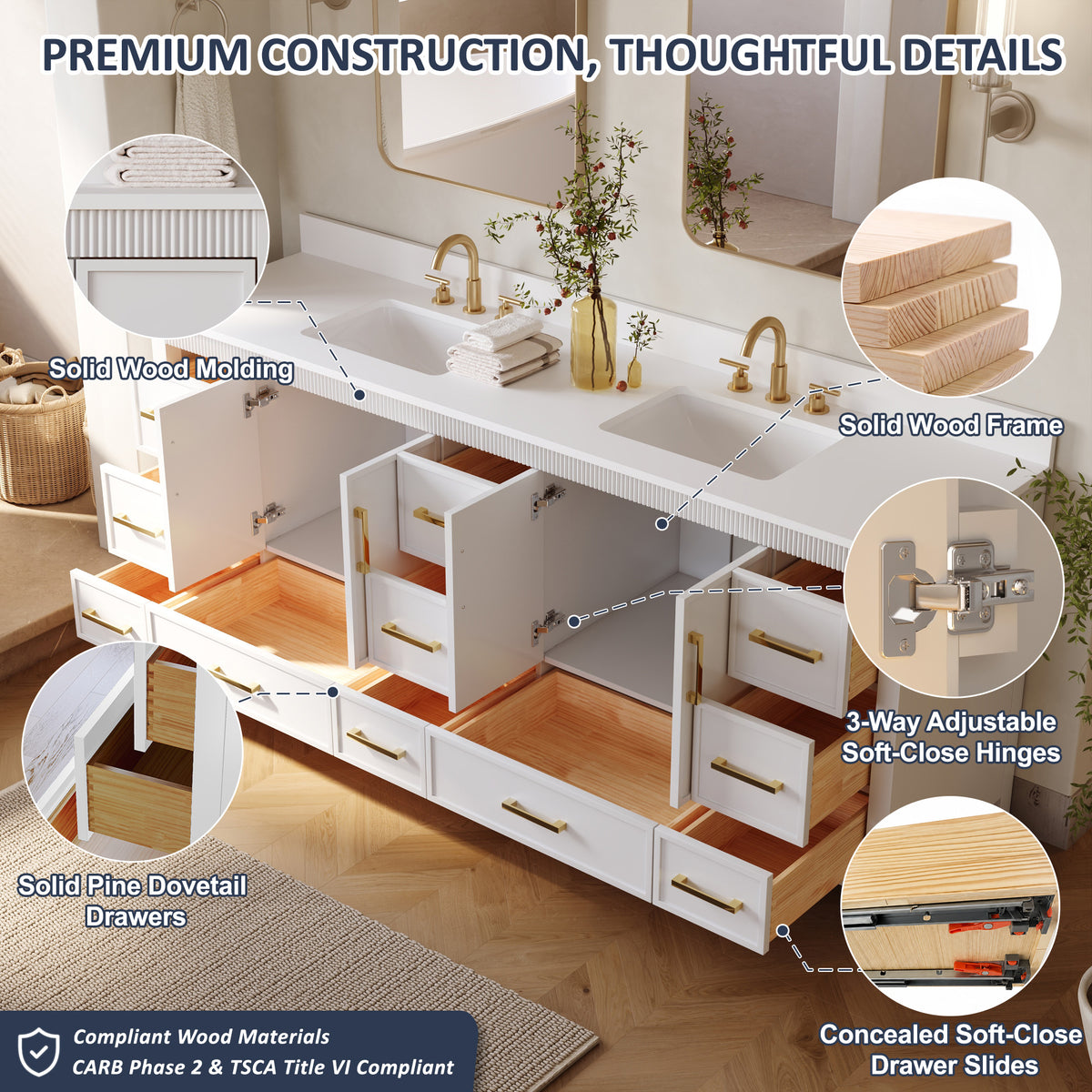 84 Inch Freestanding Solid Wood Bathroom Vanity with Pure White Quartz Countertop, 4 Soft-Close Doors & 11 Dovetail Drawers, White