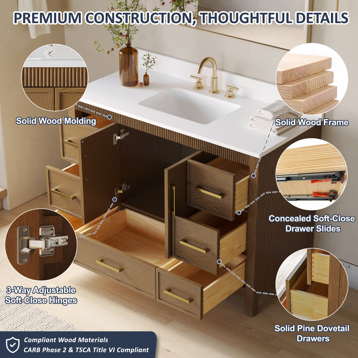 48 Inch Freestanding Solid Wood Bathroom Vanity with Fluted Molding, Pure White Quartz Countertop, Walnut