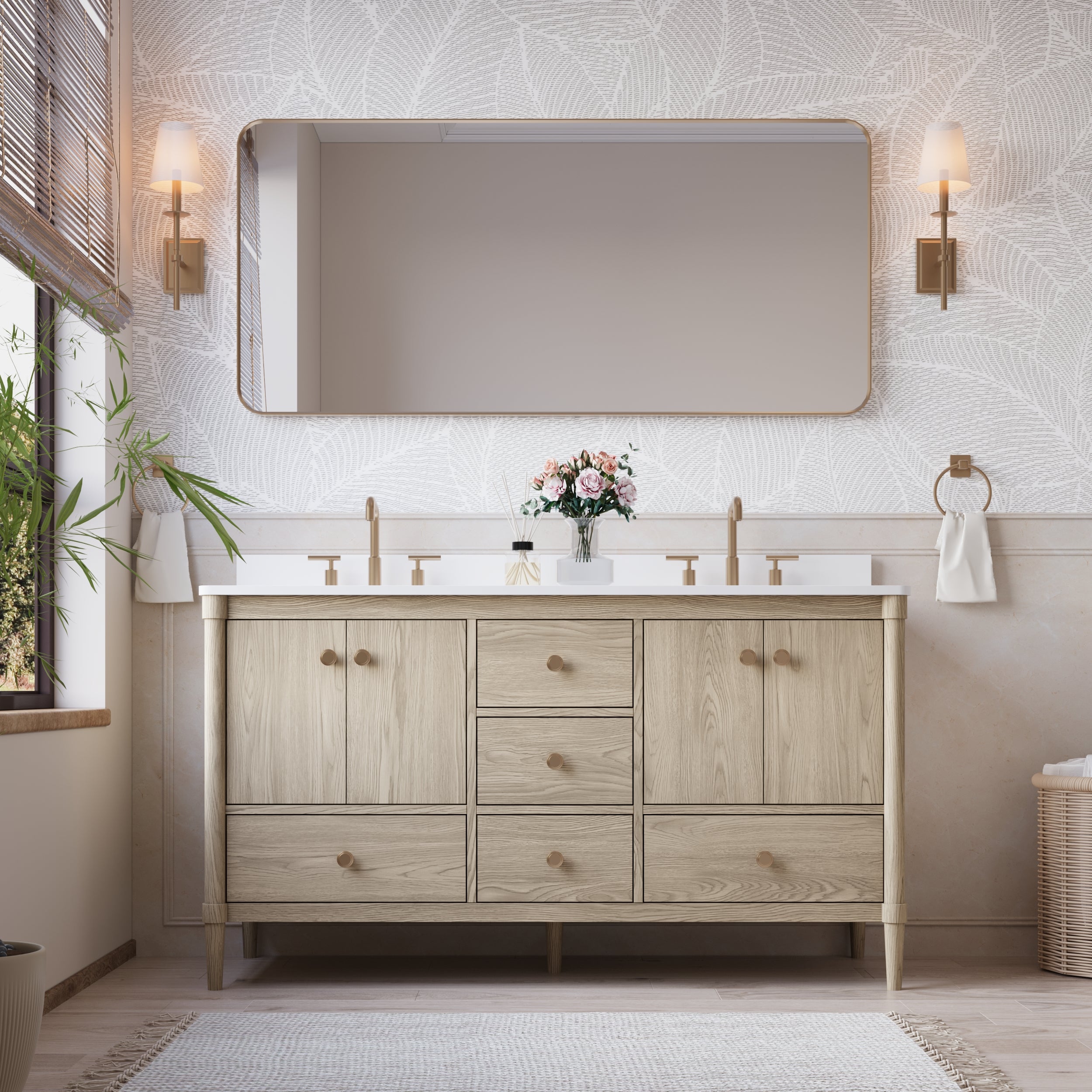 60-Inch Freestanding Oak Bathroom Vanity with Carrara White Quartz Top Double Sinks