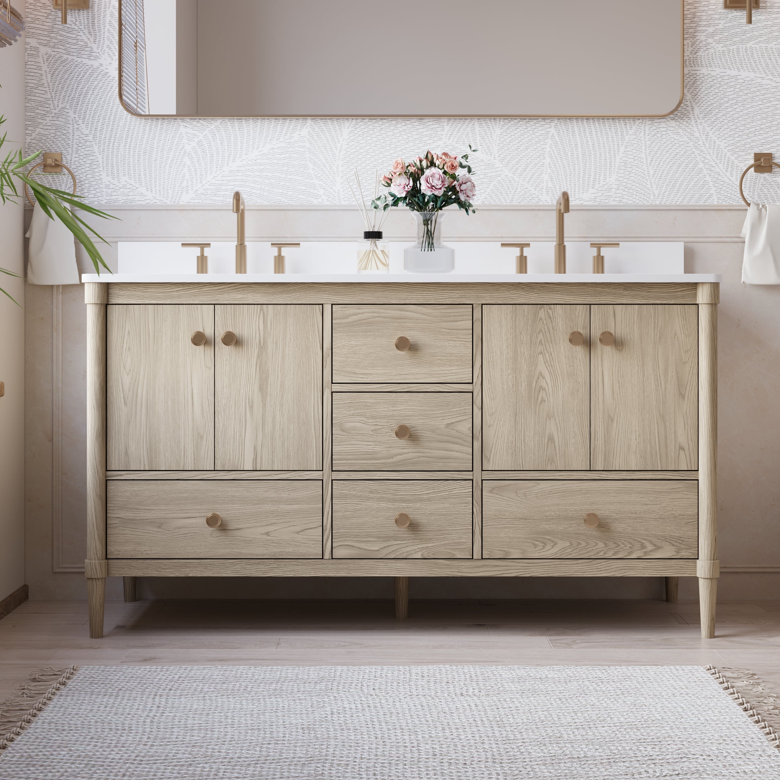 60-Inch Freestanding Oak Bathroom Vanity with Carrara White Quartz Top Sinks