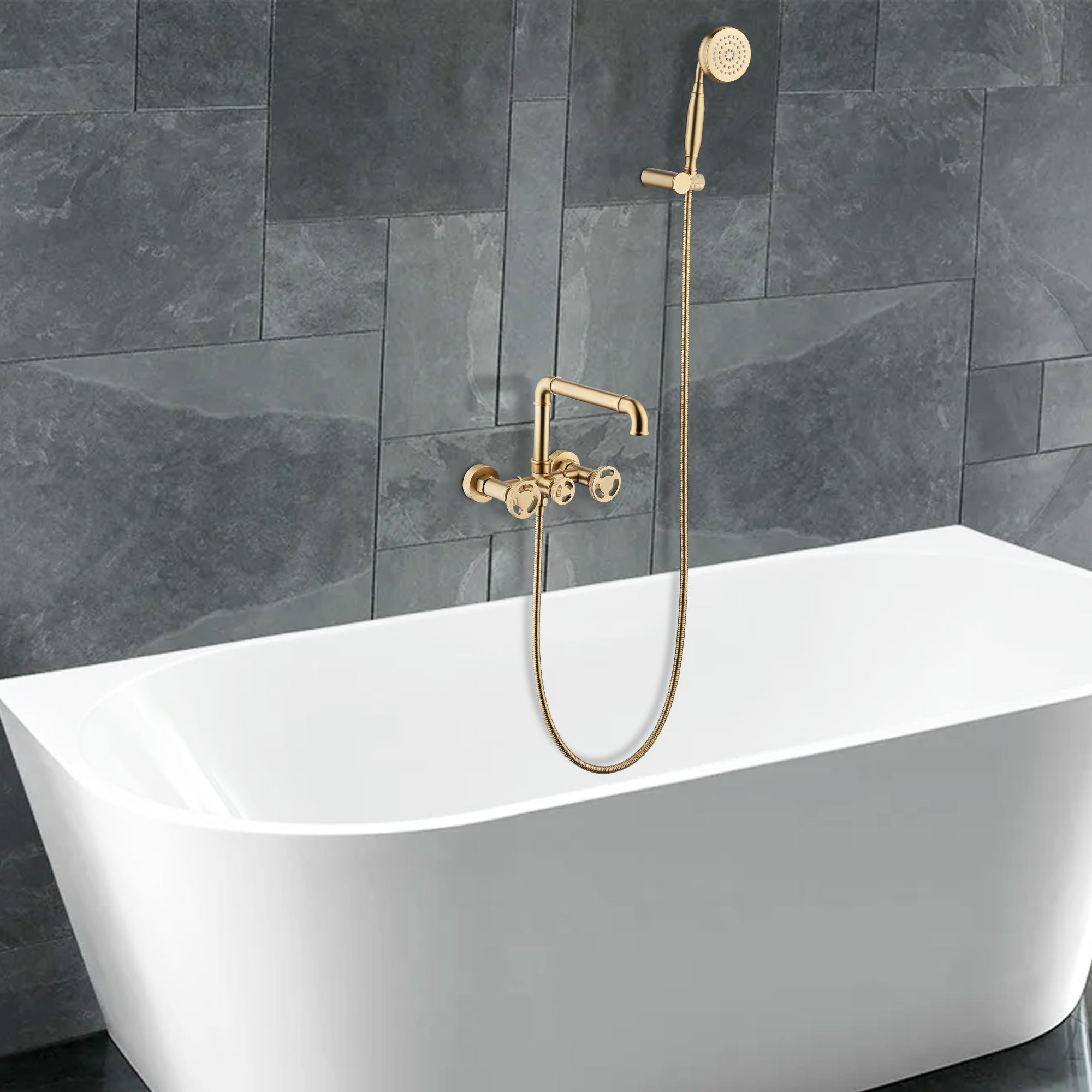 Double Hole Double Handle Brushed Gold Bathtub Faucet with Handheld Shower