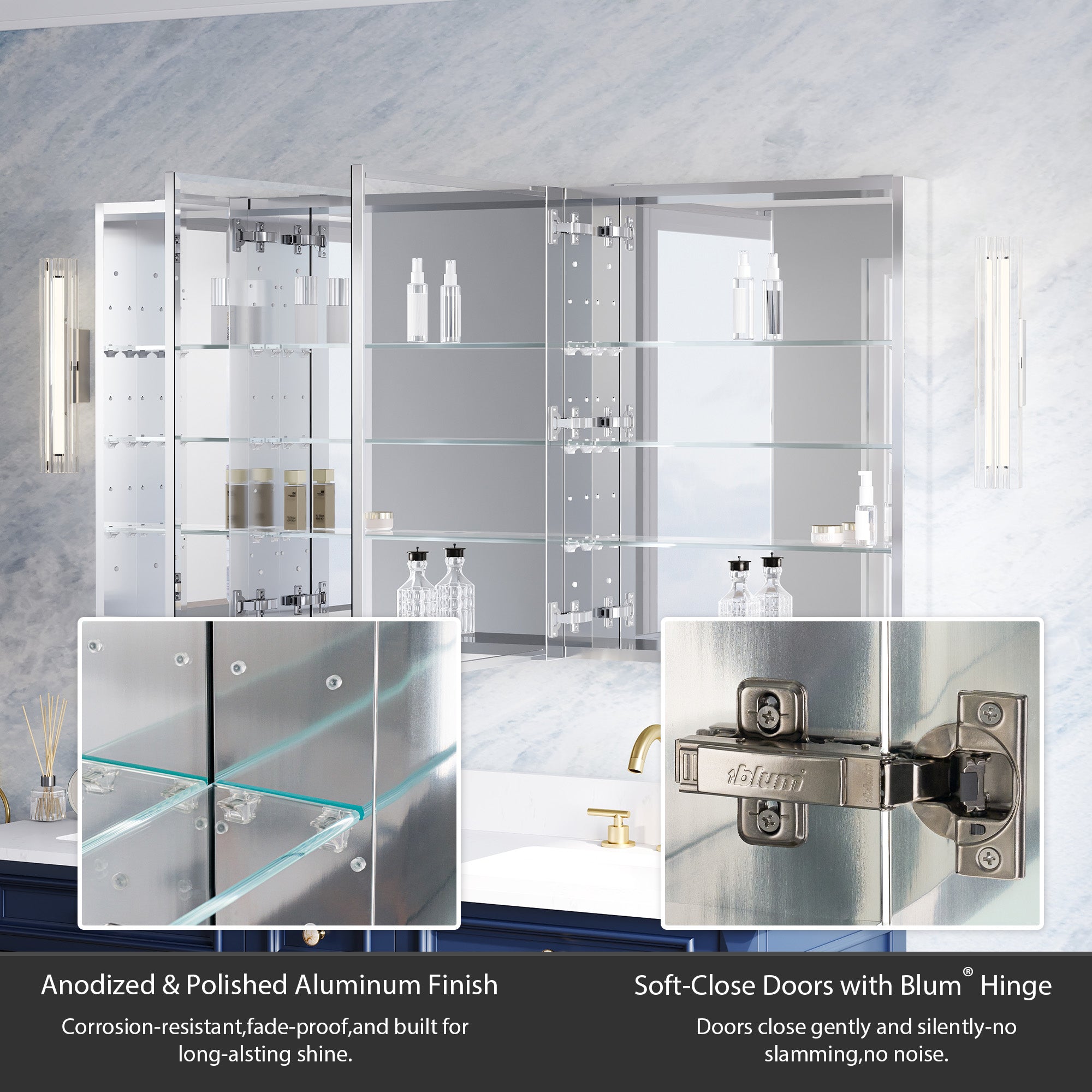 60 in.×30 in.H Aluminum Copper-Free Mirror Medicine Cabinet with Beveled Mirror Door, Recessed or Surface Mount, Adjustable Shelves